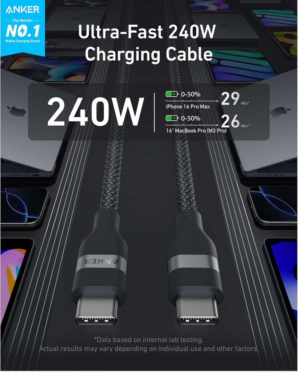 Bundle kit: Anker Laptop Power Bank (25K, 165W, Built-In and Retractable Cables) and Anker USB-C to USB-C Cable (6 ft, 240W, Upcycled-Braided)