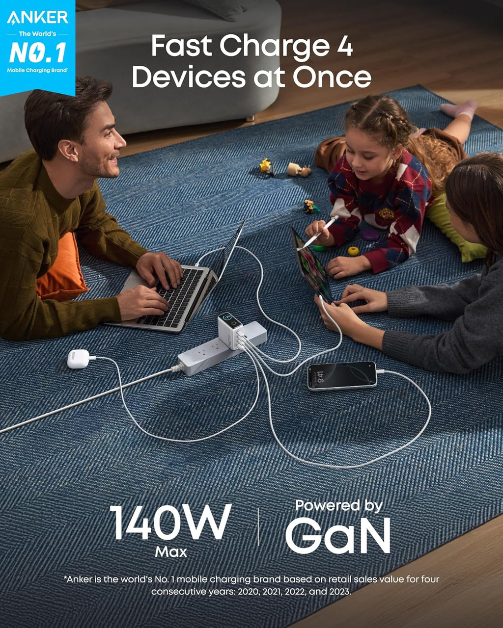 Anker Charger (140W, 4-Port, PD 3.1) with USB-C Cable (2-Pack)
