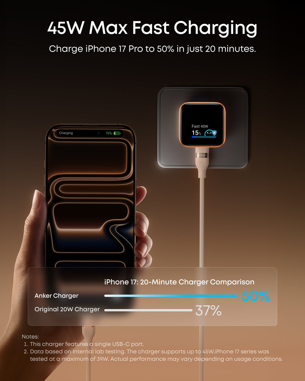 Anker Nano Charger (45W, Smart Display, 180° Foldable) and USB-C to USB-C Cable