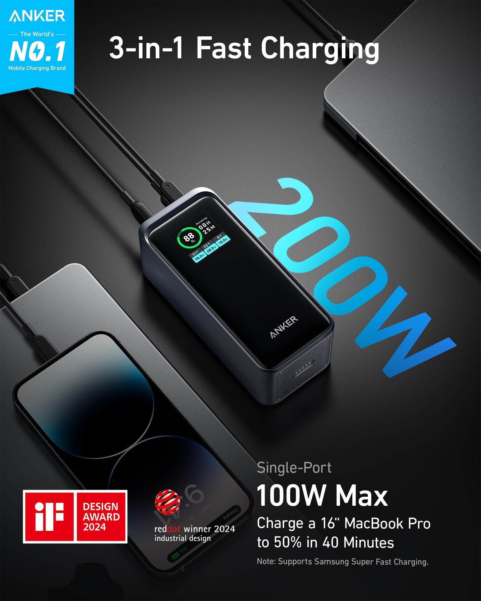 Anker Prime Power Bank (20K, 200W) and Anker 140W 2-in-1 USB-C to USB-C Cable
