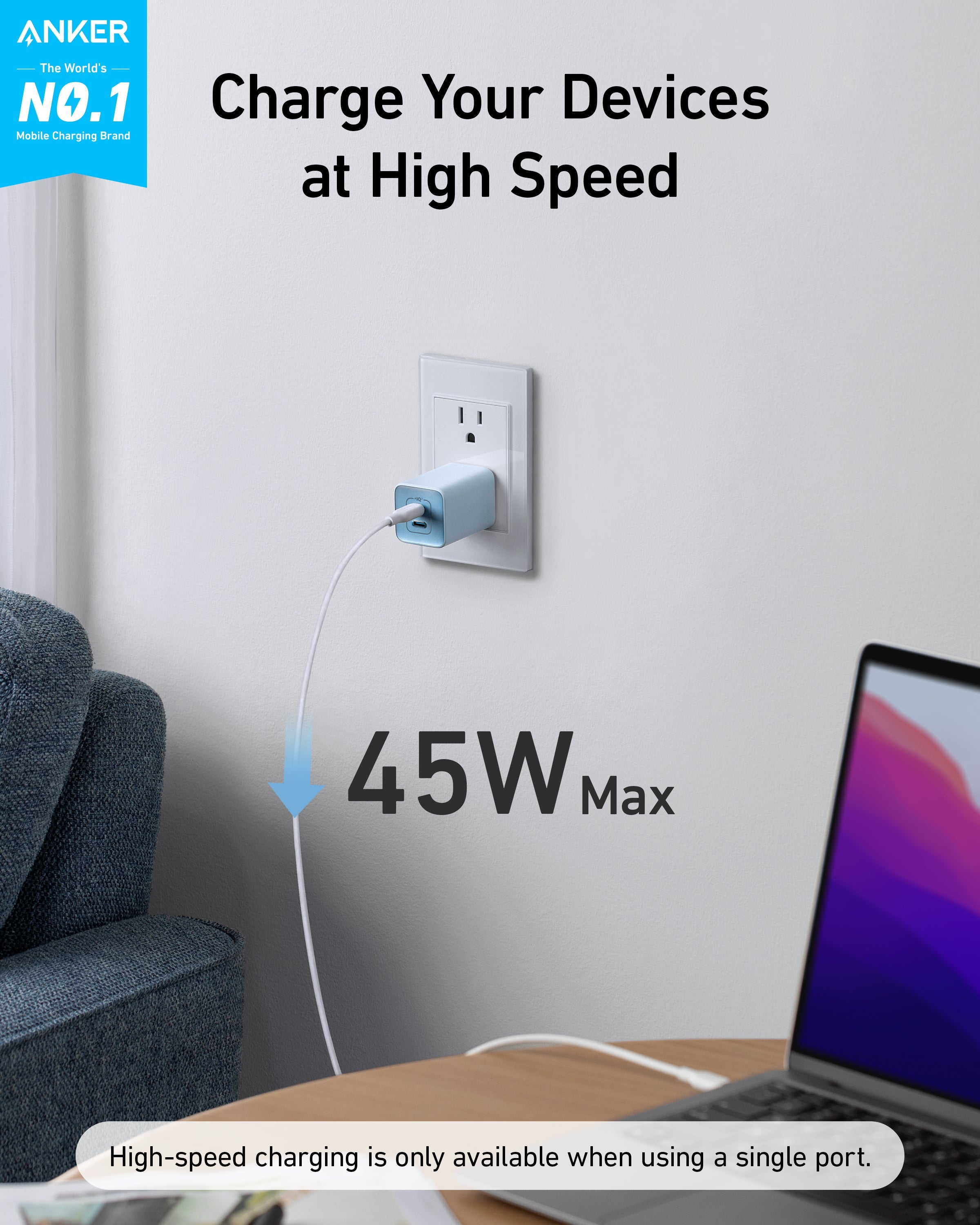Anker 523 Charger (Nano 3, 47W) and New Nylon USB-C to USB-C 100W Cable (10 ft)