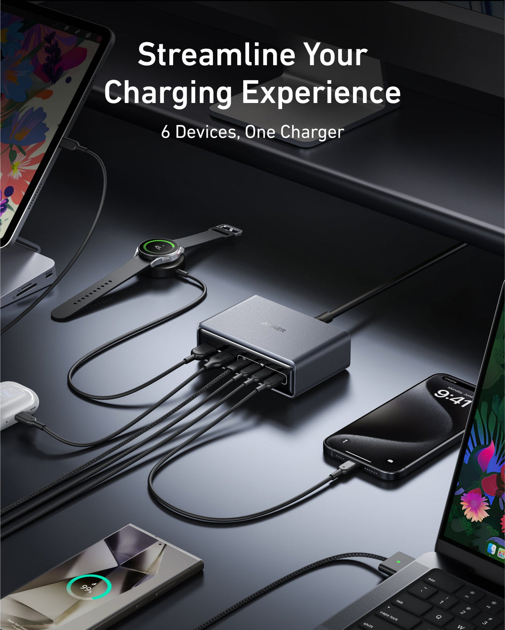 Anker Prime Charger (200W, 6 Ports, GaN) and Anker USB-C to USB-C Cable (6 ft, 240W, Upcycled-Braided)