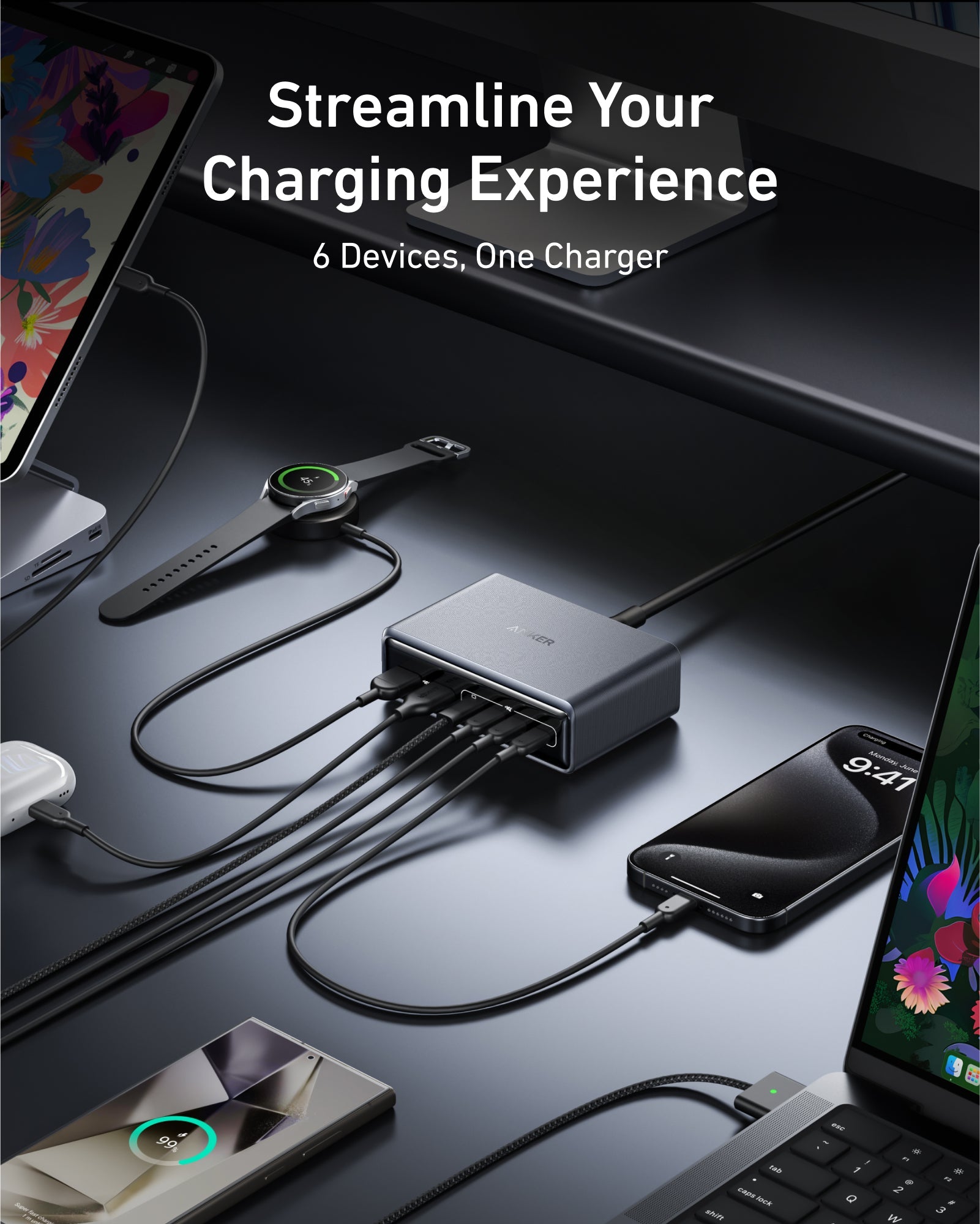 Anker Prime Charger (200W, 6 Ports, GaN) and Anker USB-C to USB-C Cable (6 ft, 240W, Upcycled-Braided)