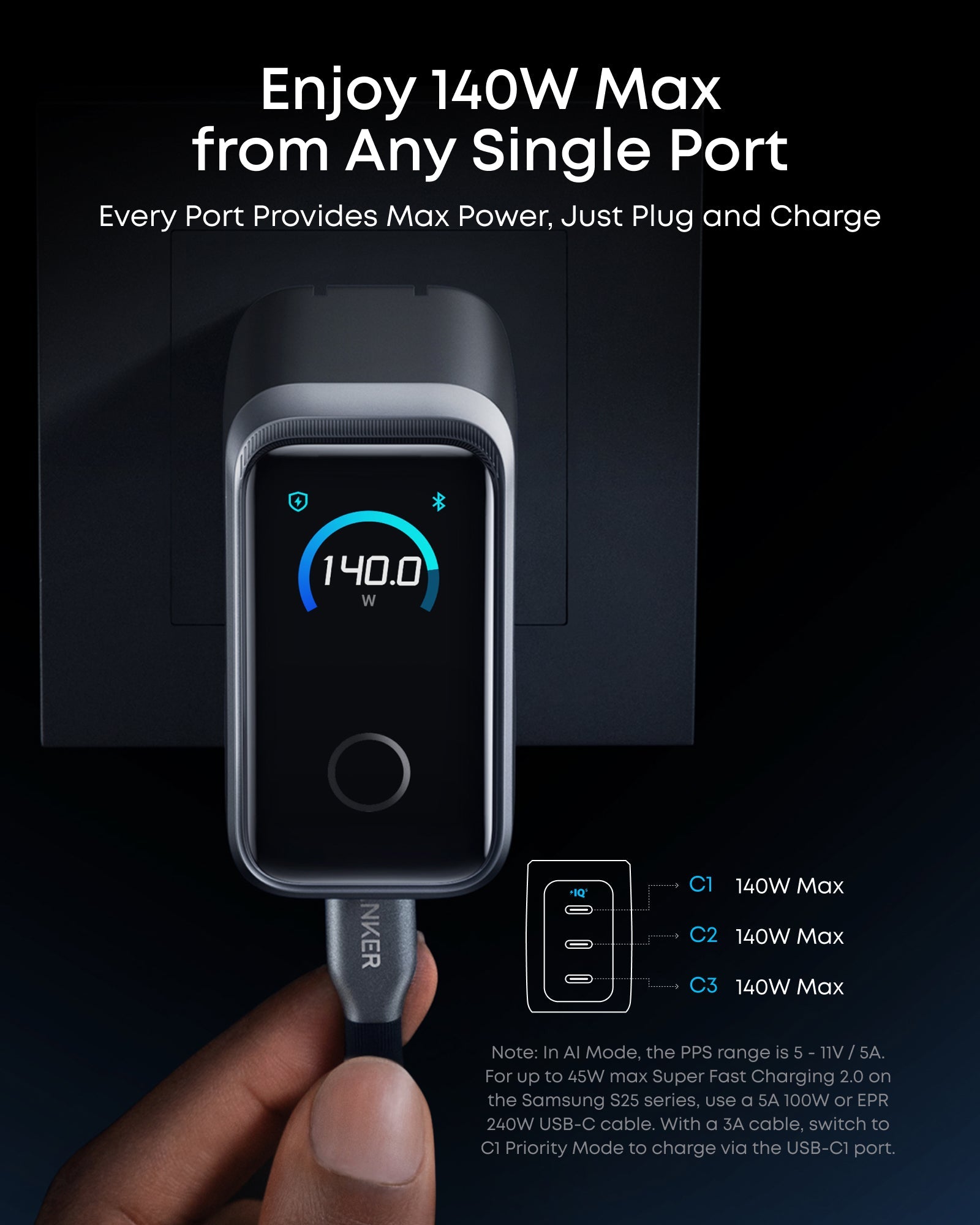 Anker Prime Charger (160W, 3 Ports, Smart Display) with Anker Prime USB-C to USB-C Cable (240W, Upcycled-Braided)