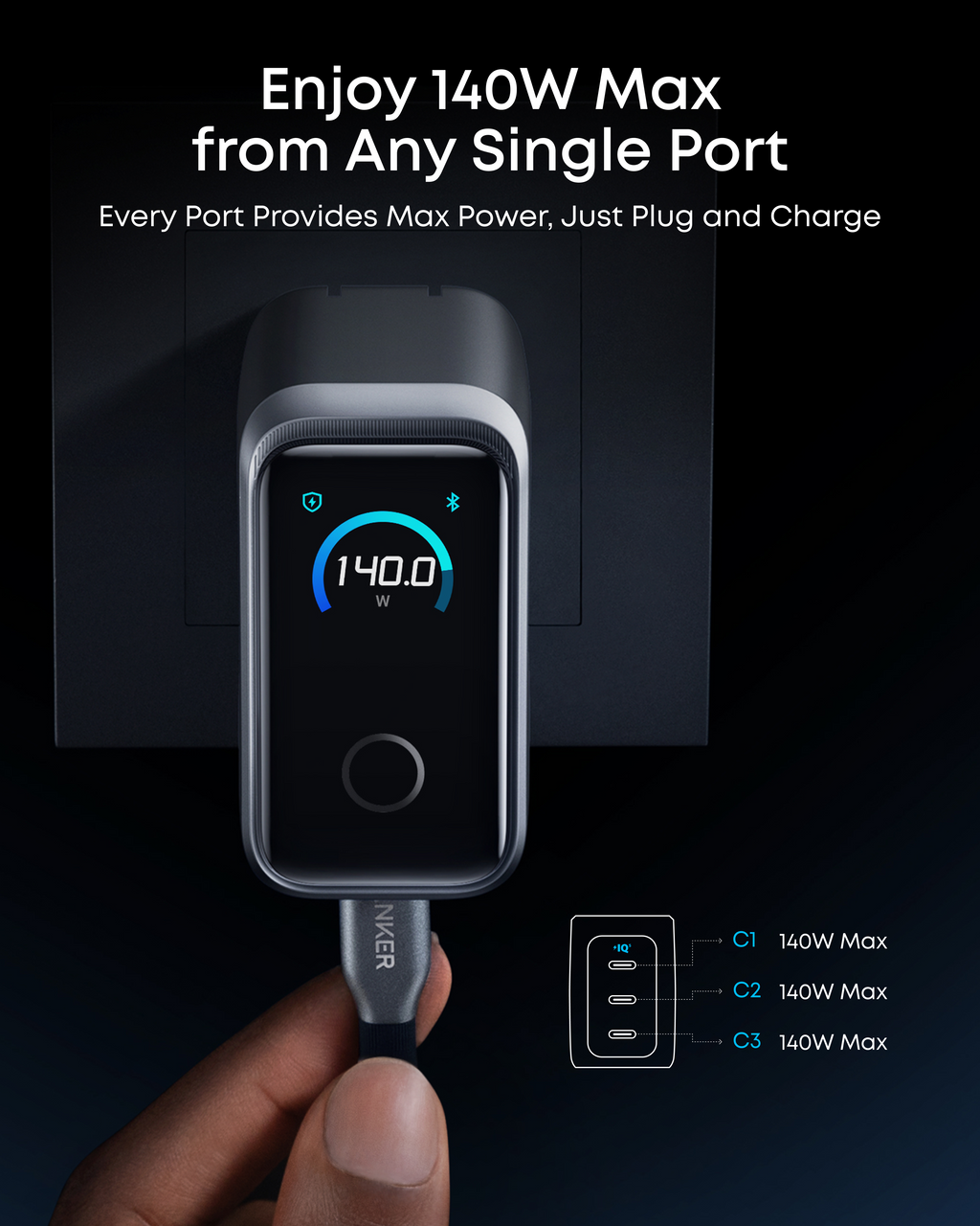Anker Prime Charger (160W, 3 Ports, Smart Display) and Anker Prime USB-C to USB-C Cable (240W, Upcycled-Braided)
