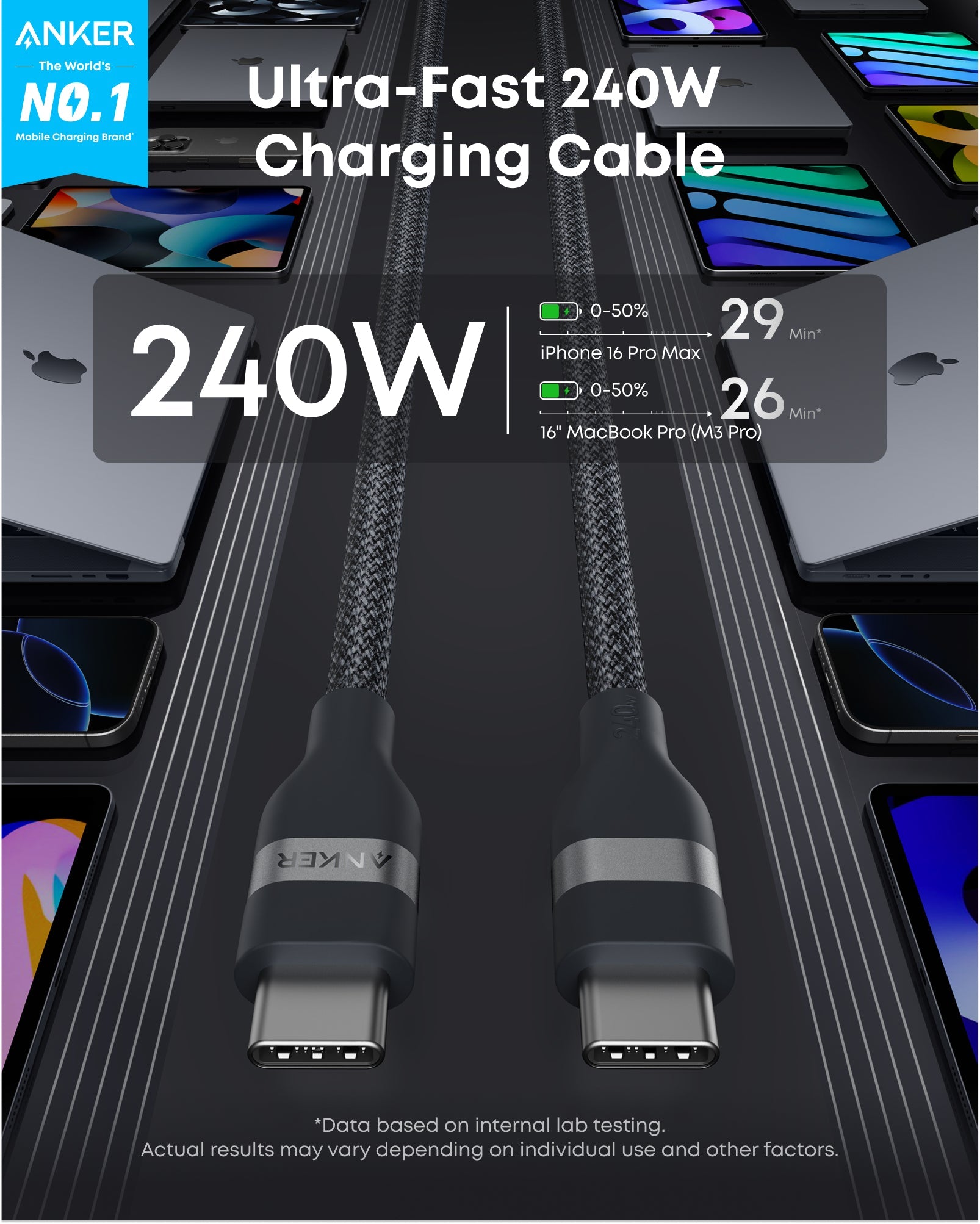Anker Nano Charger (45W, Smart Display, 180° Foldable) and USB-C to USB-C Cable