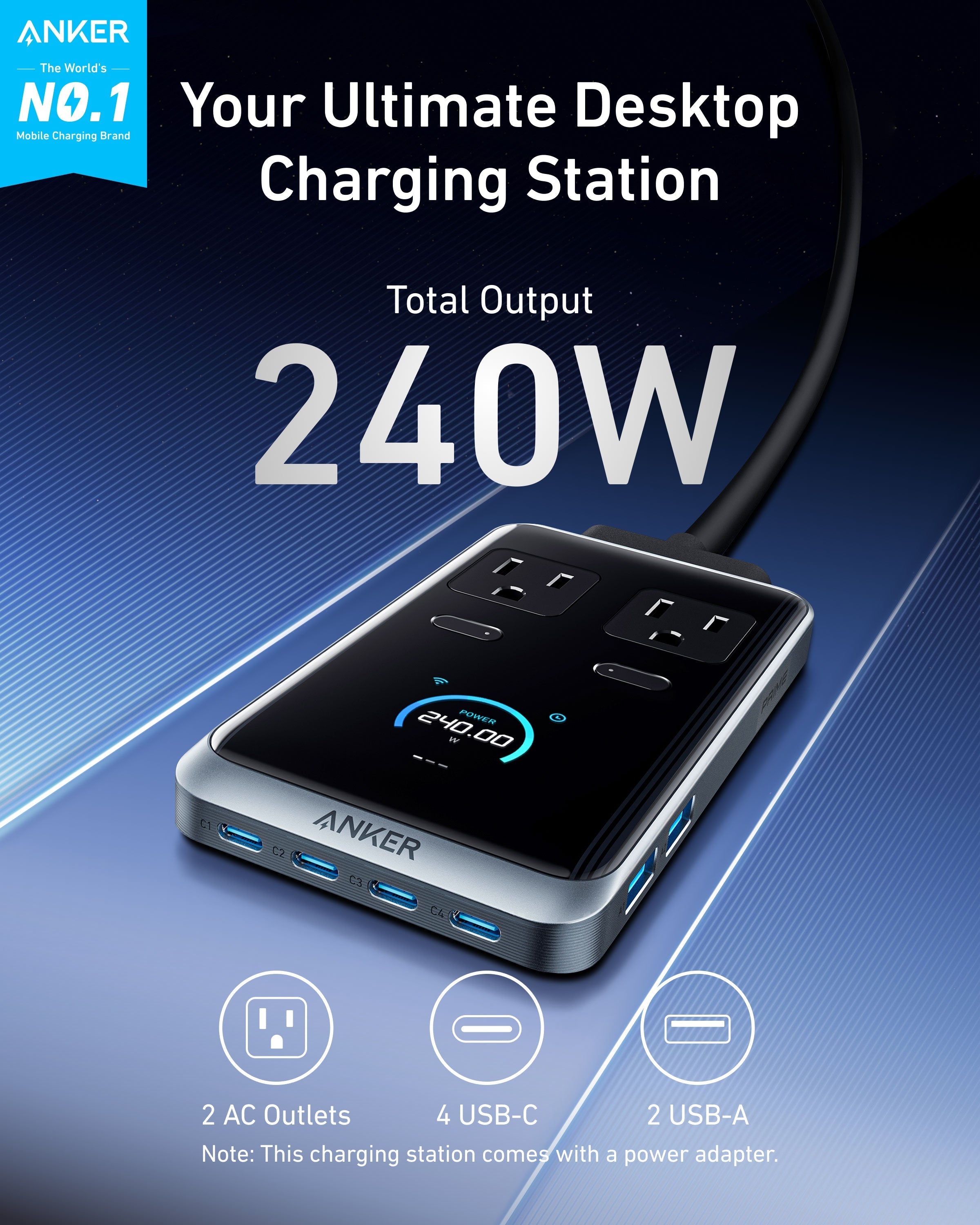 Anker Prime Charging Station (8-in-1, 240W) and Anker Prime USB-C to USB-C Cable (240W, Upcycled-Braided)