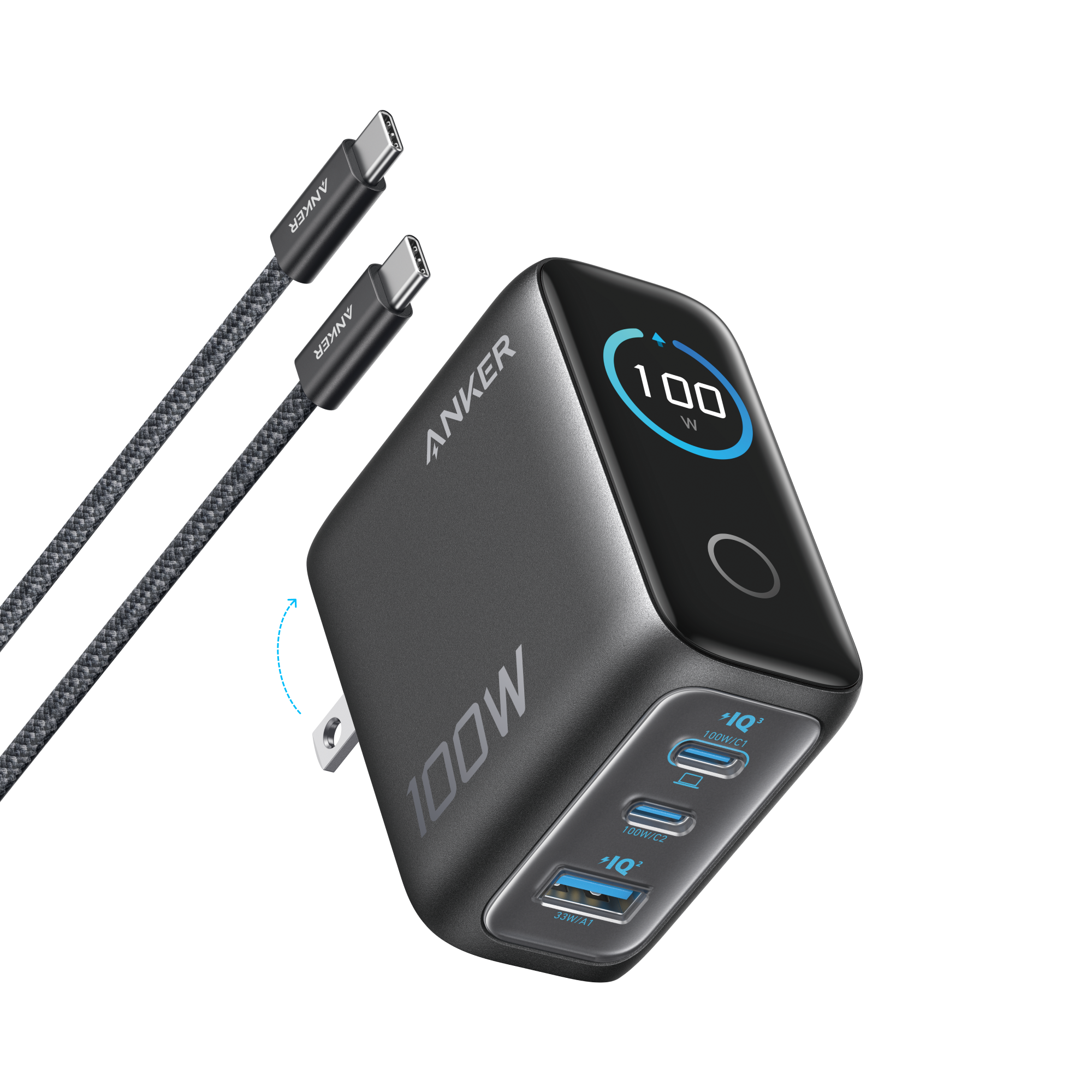 Anker Charger (100W, 3 Ports, Smart Display)