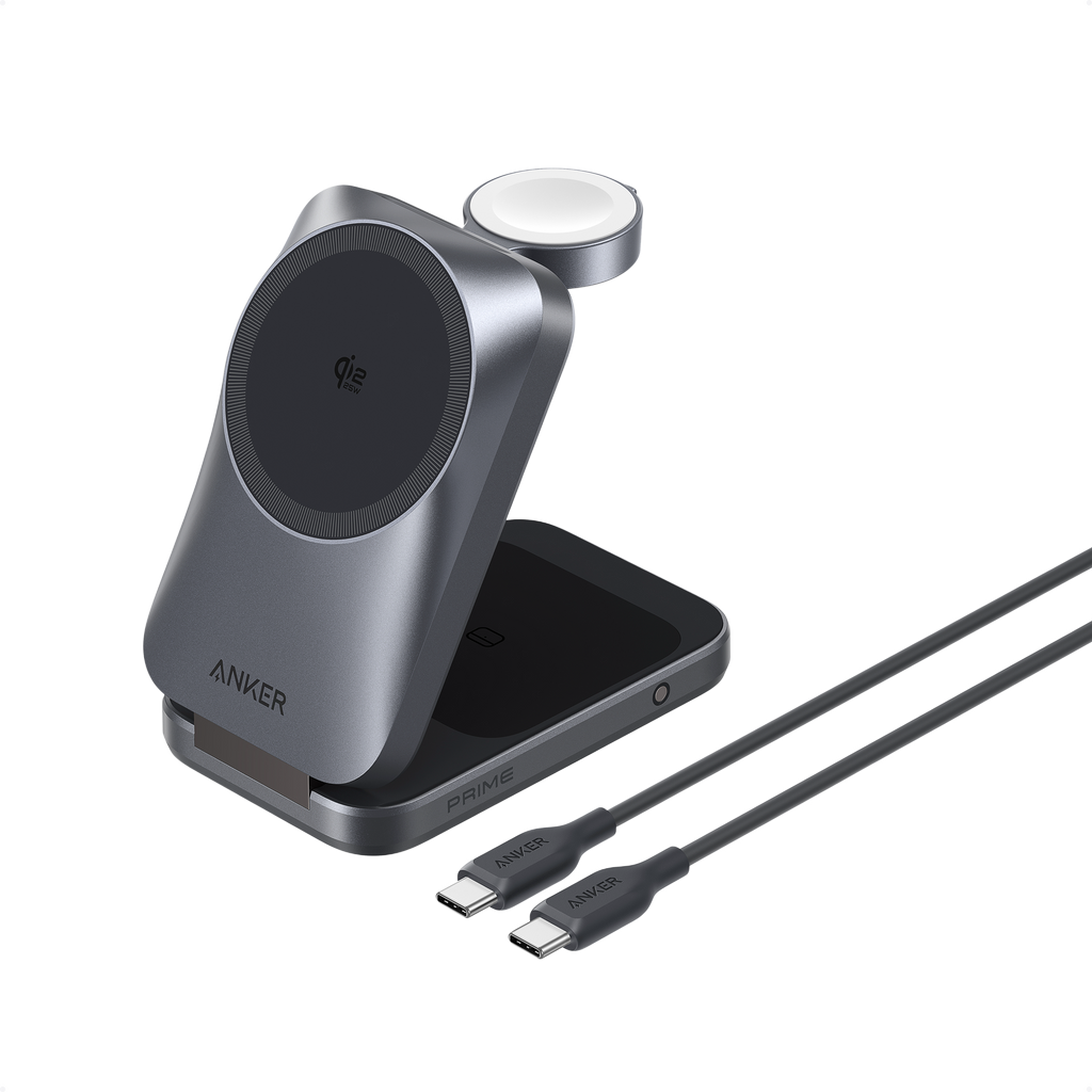 Anker Prime Wireless Charging Station (3-in-1, MagGo, AirCool, Foldable) and Anker Prime USB-C to USB-C Cable (240W, Upcycled-Braided)