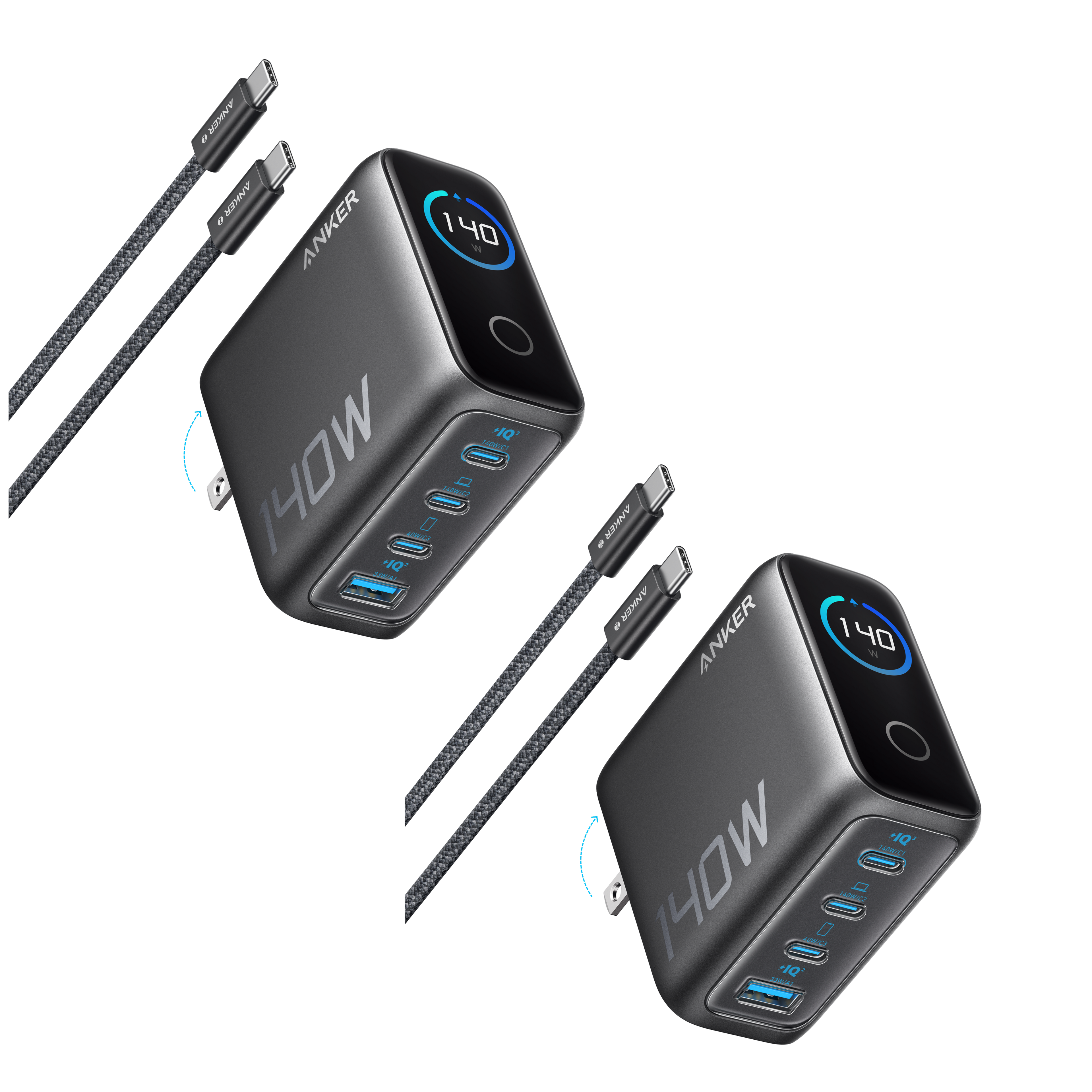 2-Pack Anker Laptop Charger (140W, 4-Port, PD 3.1) with 2-Pack USB-C Cable