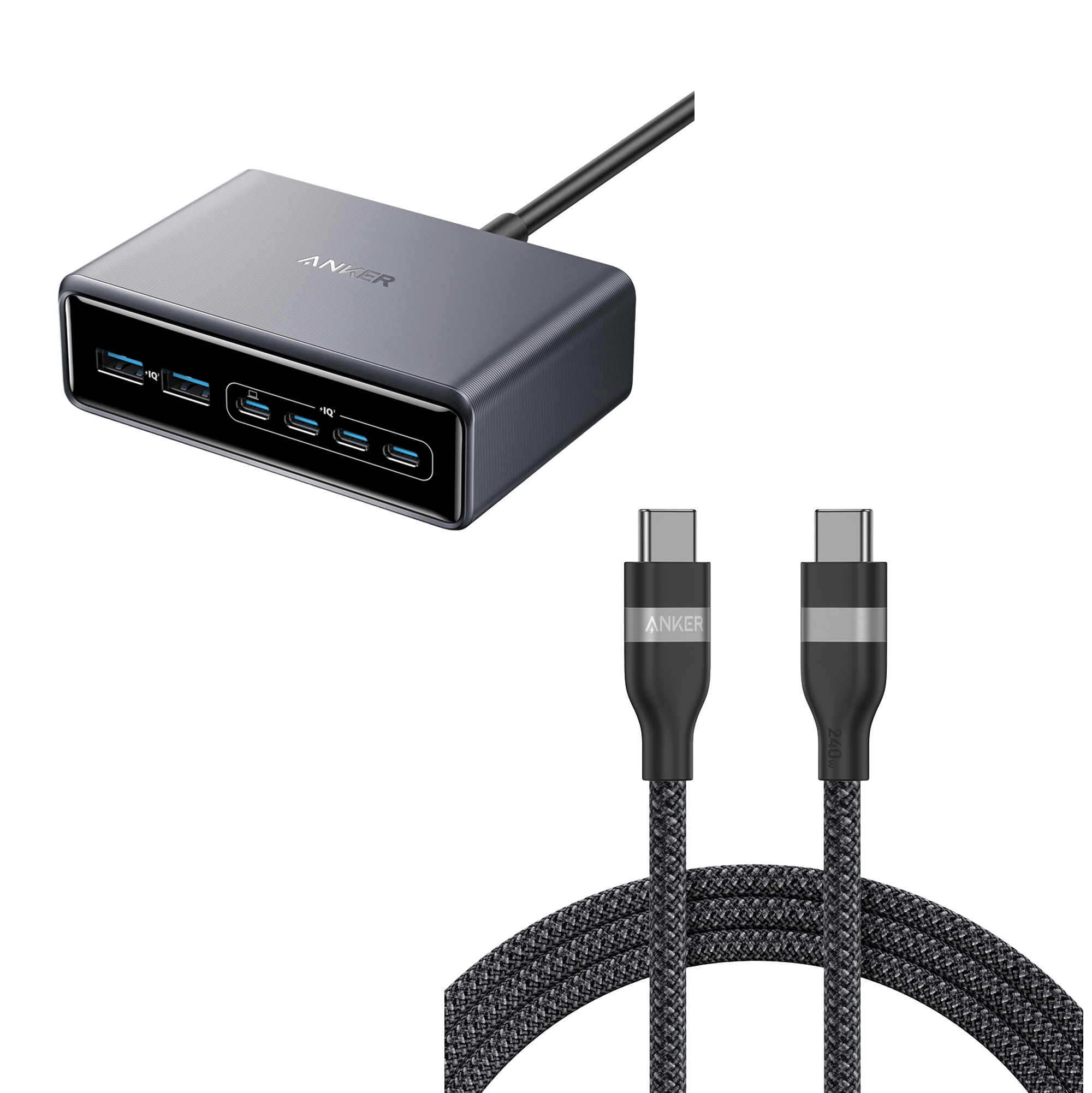 Anker Prime Charger (200W, 6 Ports, GaN) and Anker USB-C to USB-C Cable (6 ft, 240W, Upcycled-Braided)
