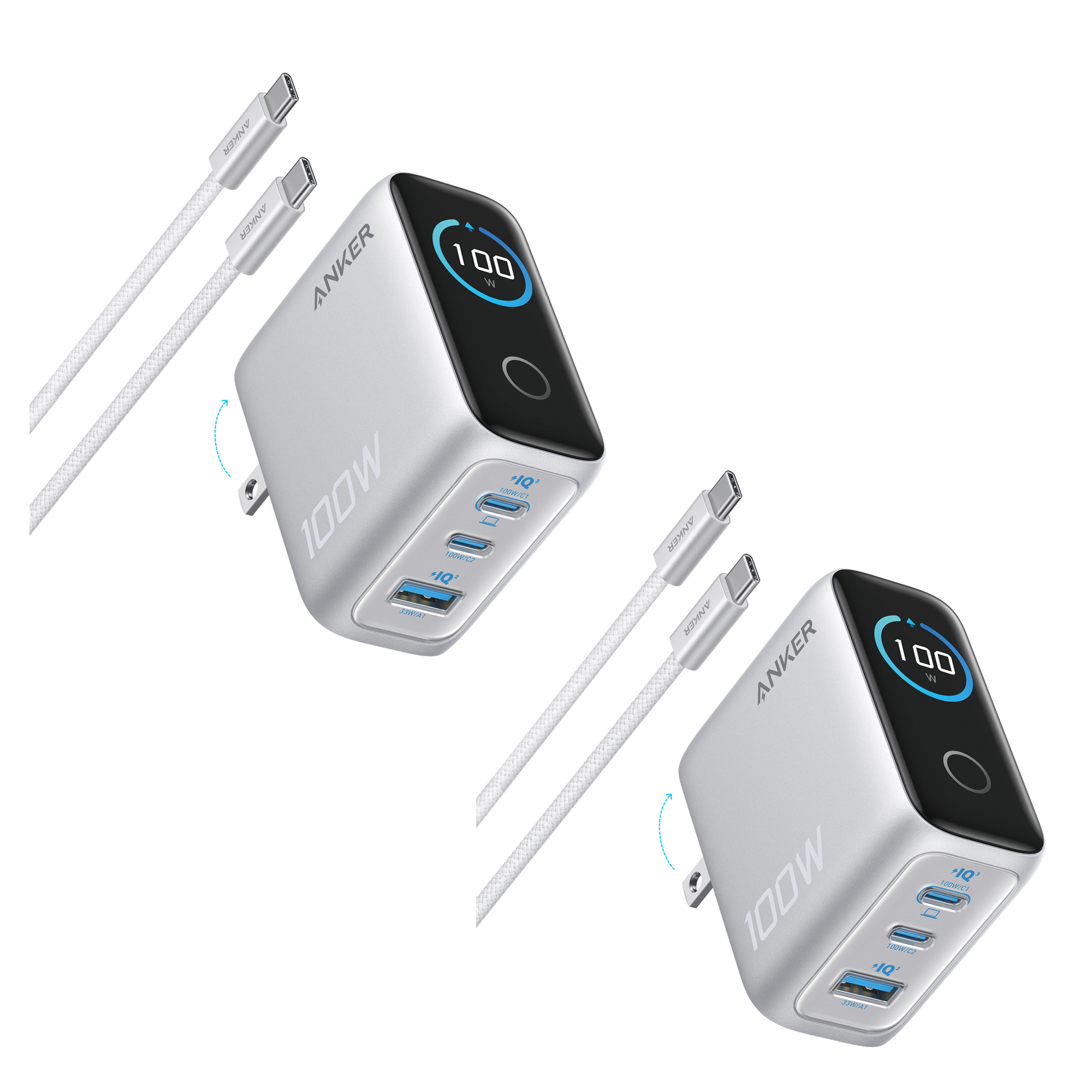 Anker Charger (100W, 3 Ports, Smart Display) 2-Pack