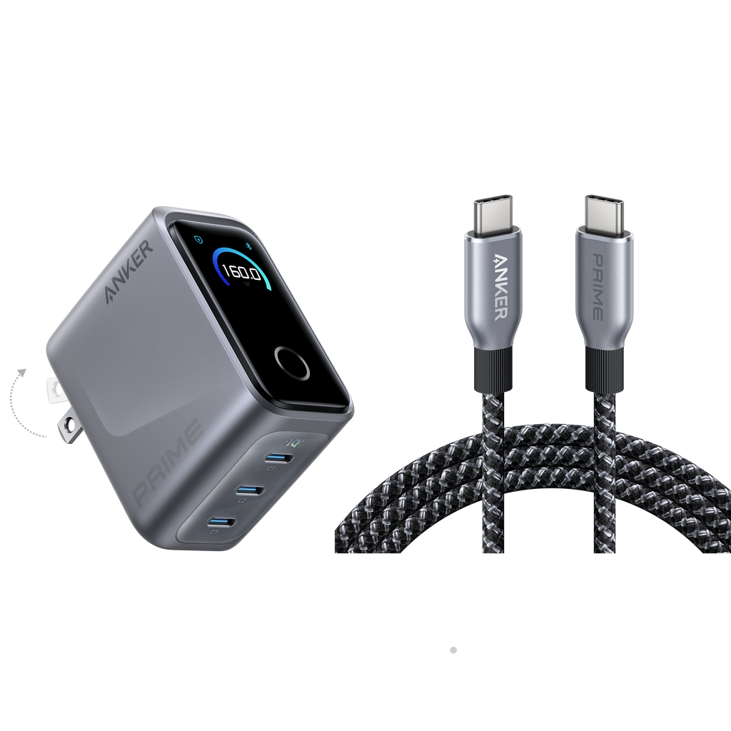 Anker Prime Charger (160W, 3 Ports, Smart Display) with Anker Prime USB-C to USB-C Cable (240W, Upcycled-Braided)
