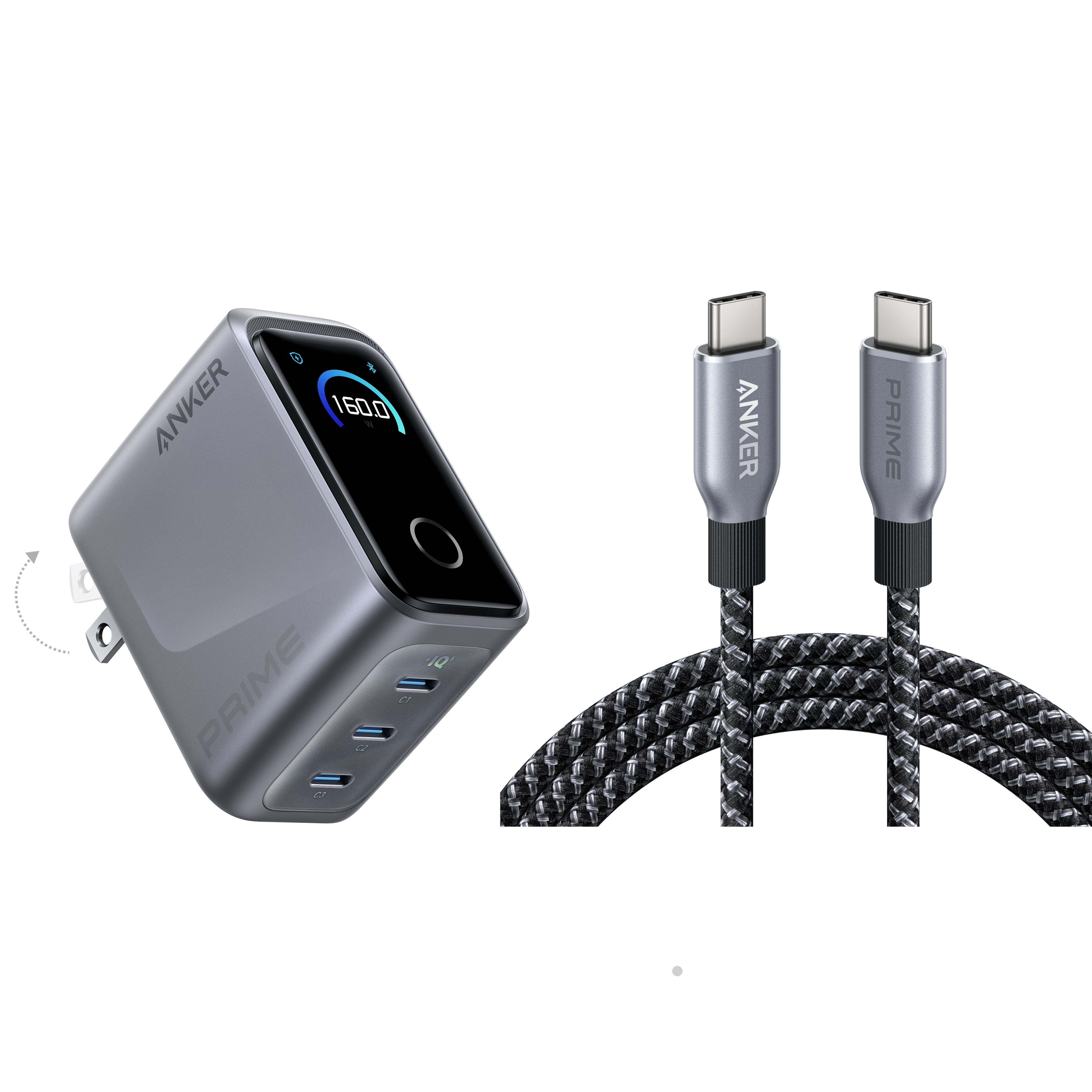 Anker Prime Charger (160W, 3 Ports, Smart Display) with Anker Prime USB-C to USB-C Cable (240W, Upcycled-Braided)