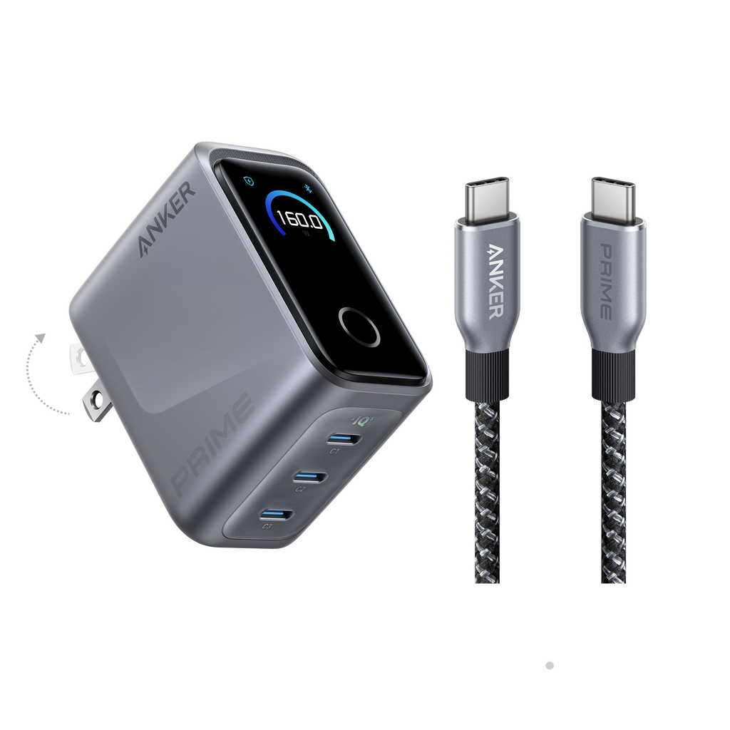 Anker Prime Charger (160W, 3 Ports, Smart Display) with Anker Prime USB-C to USB-C Cable (240W, Upcycled-Braided)