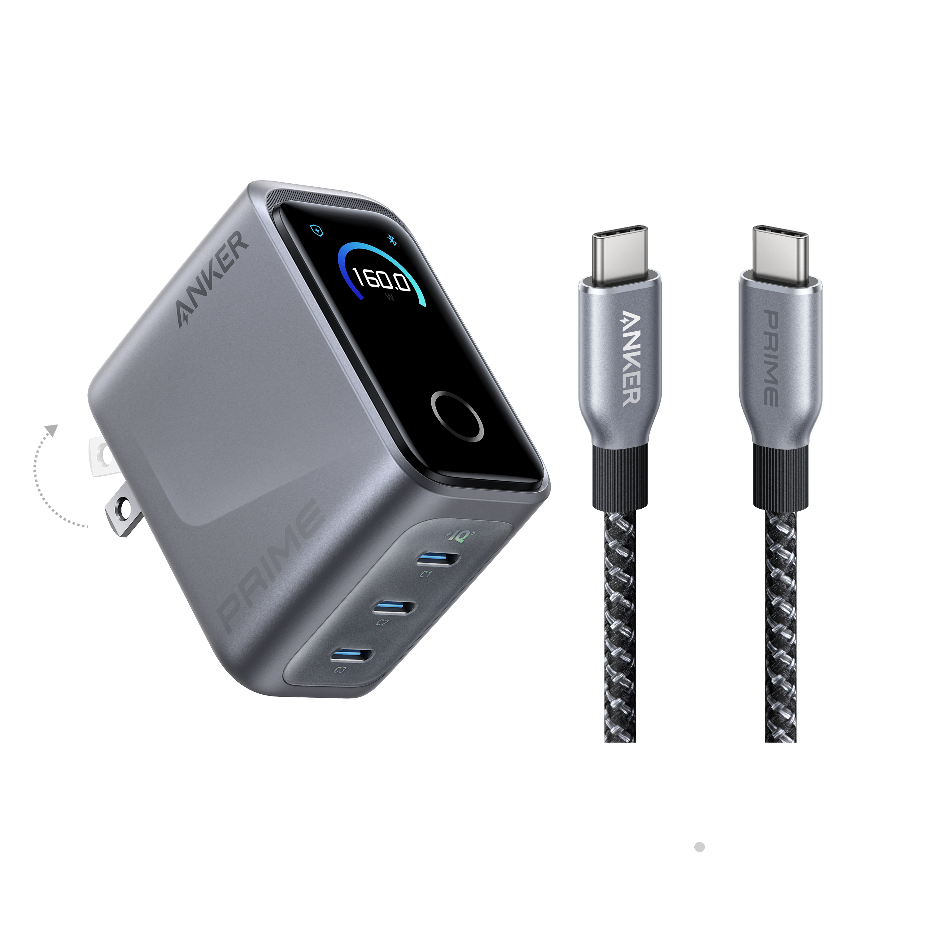 Anker Prime Charger (160W, 3 Ports, Smart Display) with Anker Prime USB-C to USB-C Cable (240W, Upcycled-Braided)