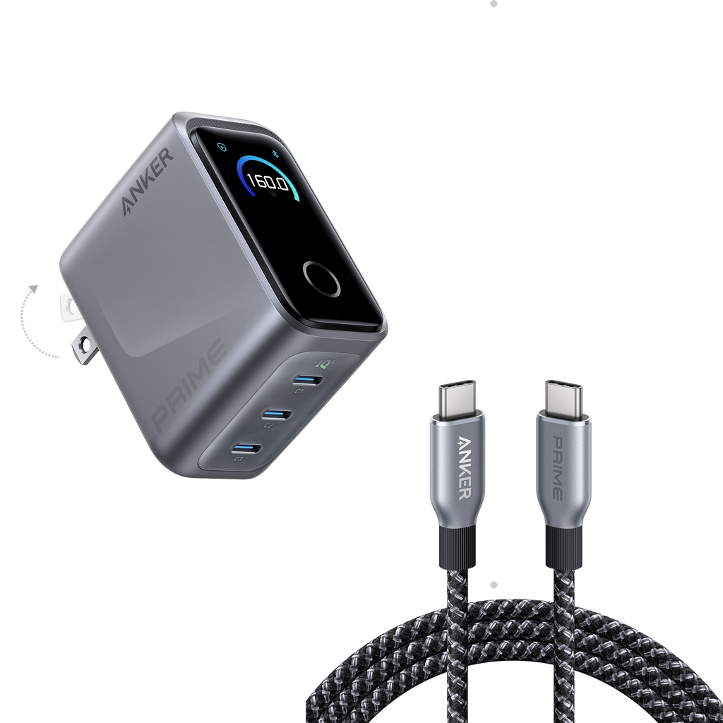 Anker Prime Charger (160W, 3 Ports, Smart Display) and Anker Prime USB-C to USB-C Cable (240W, Upcycled-Braided)