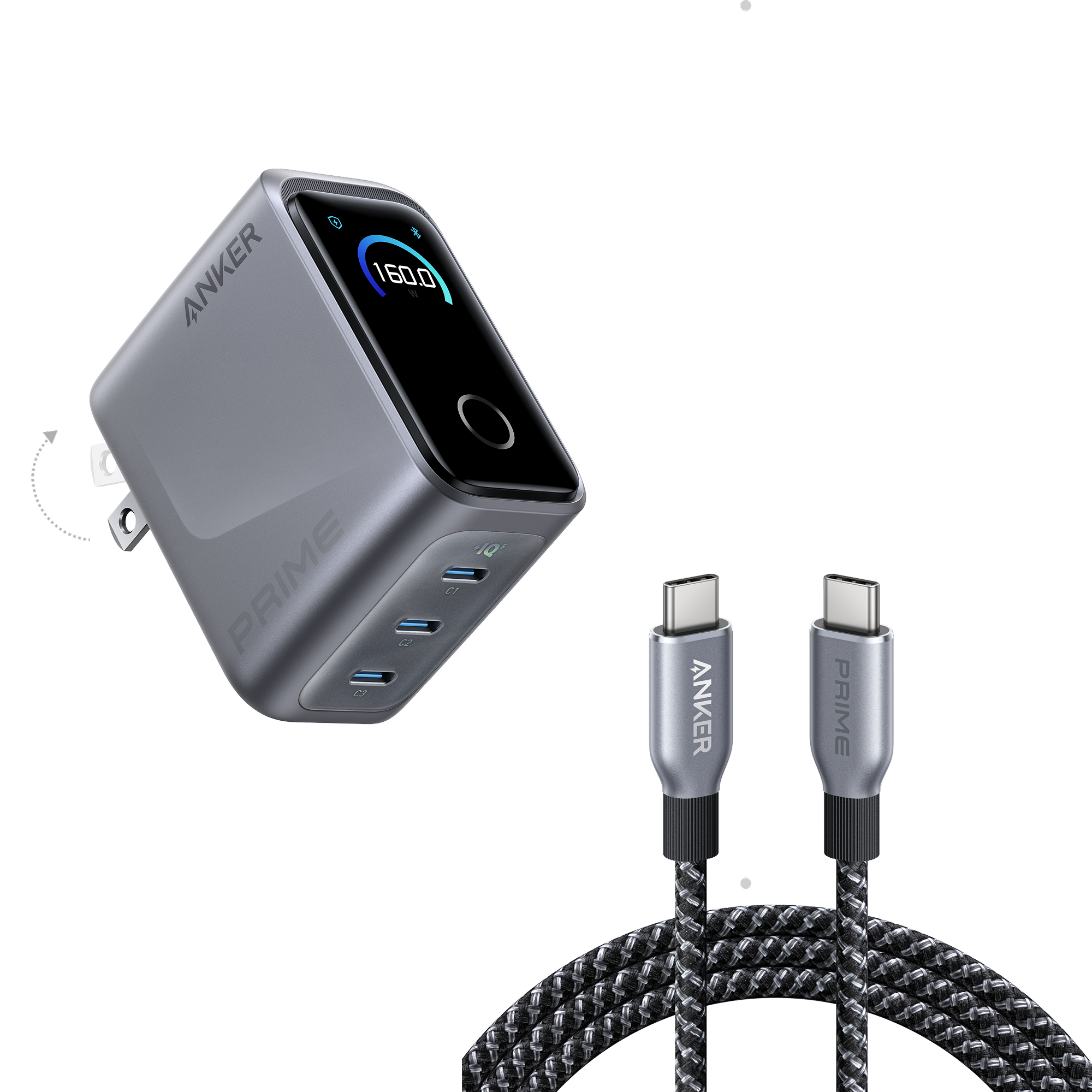 Anker Prime Charger (160W, 3 Ports, Smart Display) and Anker Prime USB-C to USB-C Cable (240W, Upcycled-Braided)