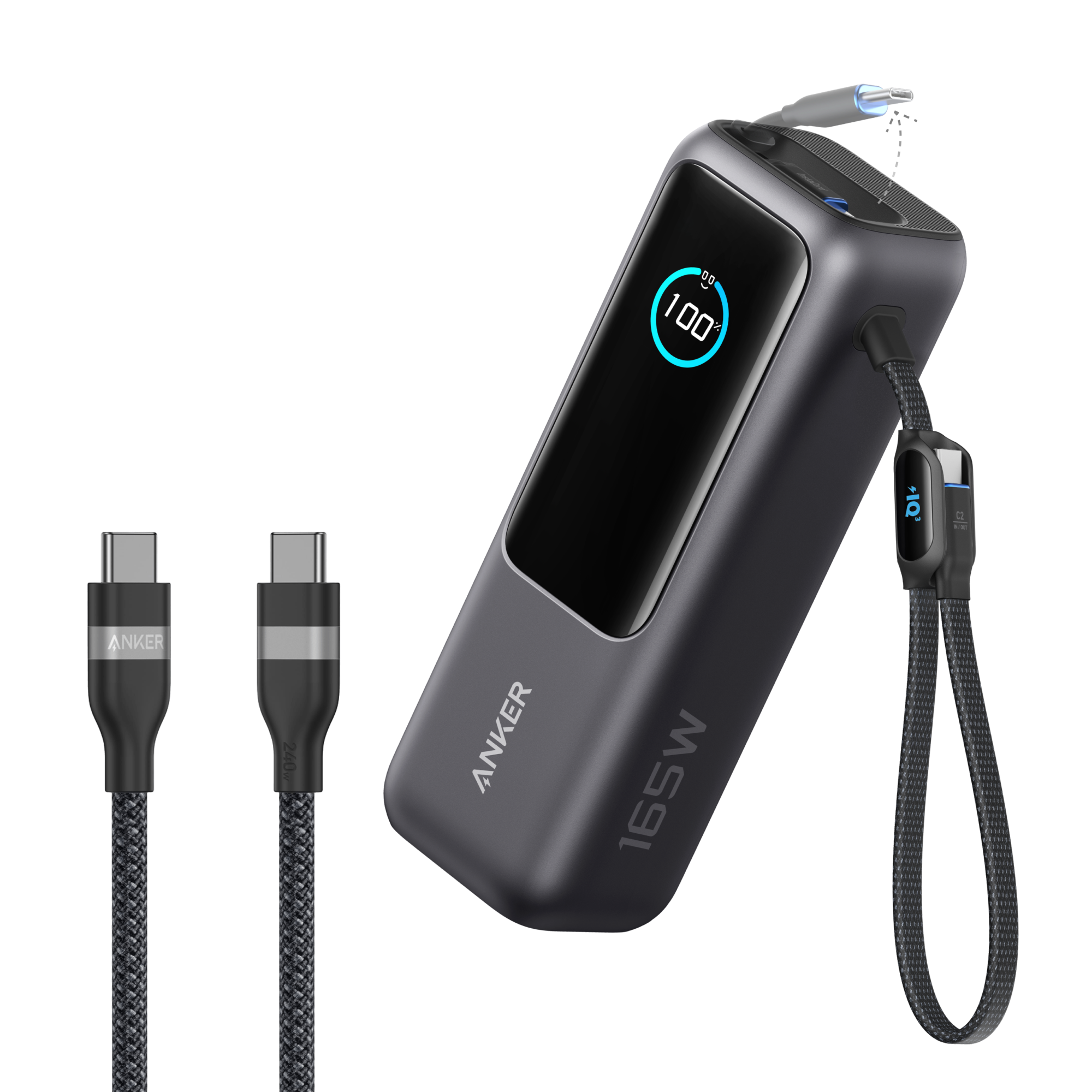 Bundle kit: Anker Laptop Power Bank (25K, 165W, Built-In and Retractable Cables) and Anker USB-C to USB-C Cable (6 ft, 240W, Upcycled-Braided)