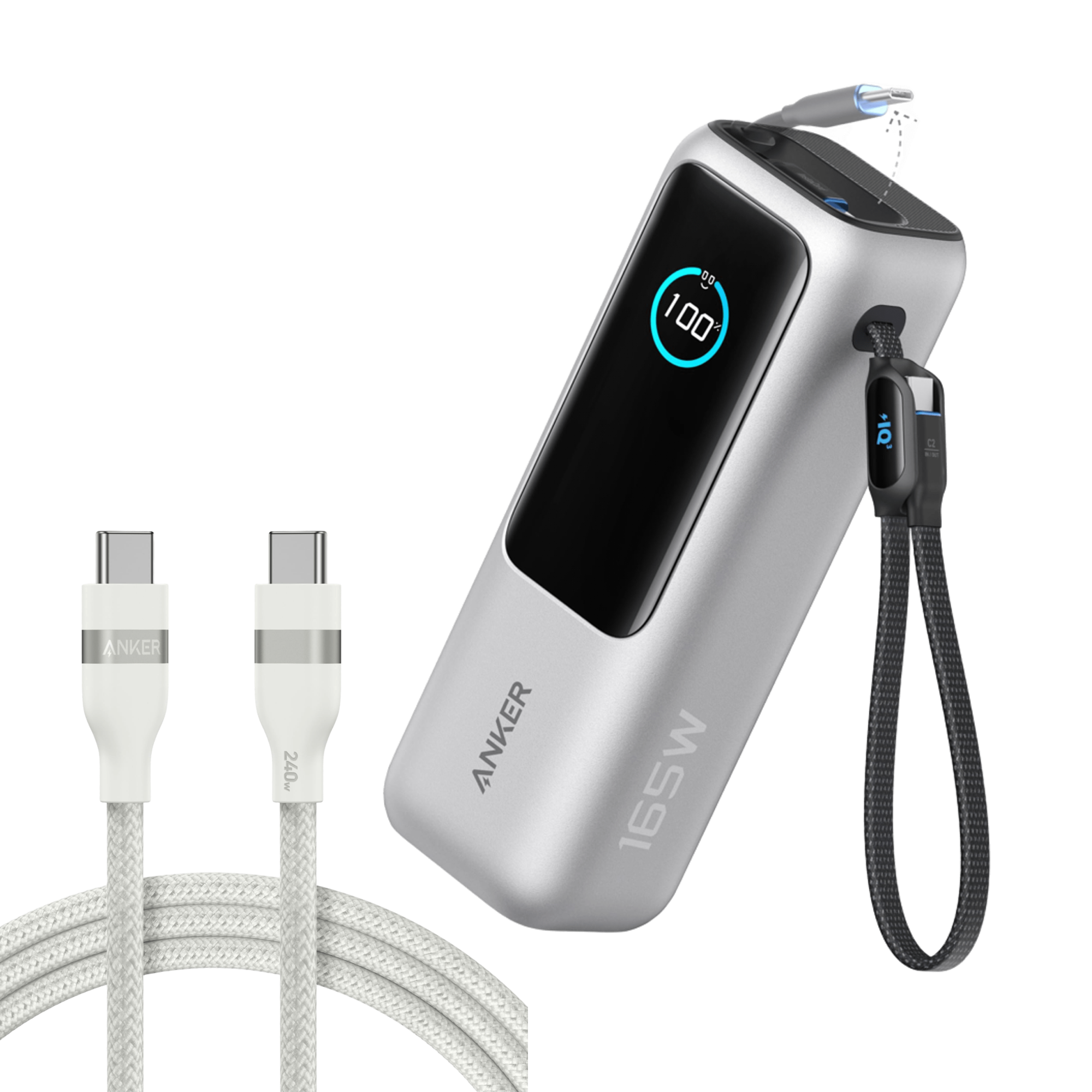 Bundle kit: Anker Laptop Power Bank (25K, 165W, Built-In and Retractable Cables) and Anker USB-C to USB-C Cable (6 ft, 240W, Upcycled-Braided)