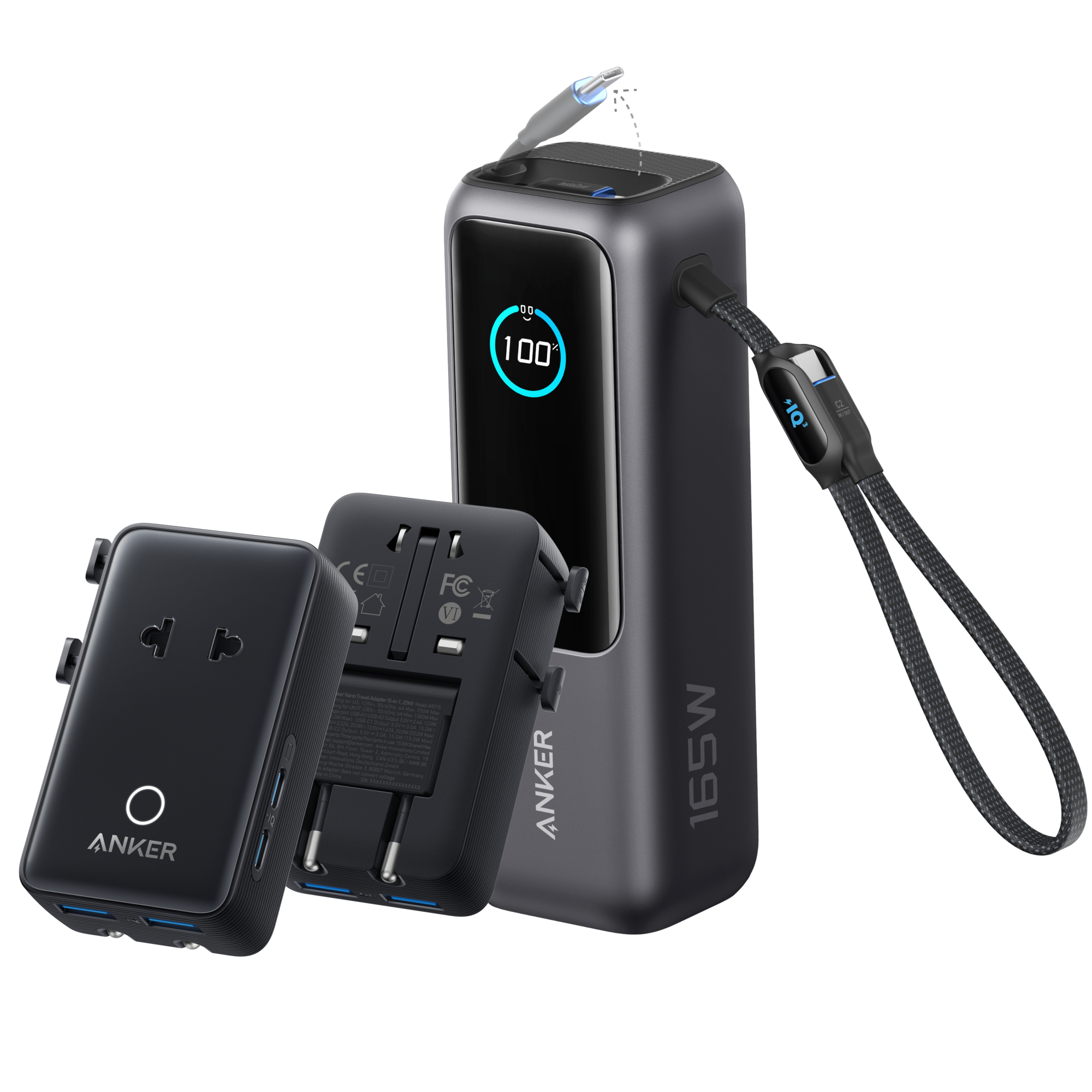 Bundle kit: Anker Laptop Power Bank (25K, 165W, Built-In and Retractable Cables) and Anker Nano Travel Adapter (5-in-1, 20W, 1-Pack)