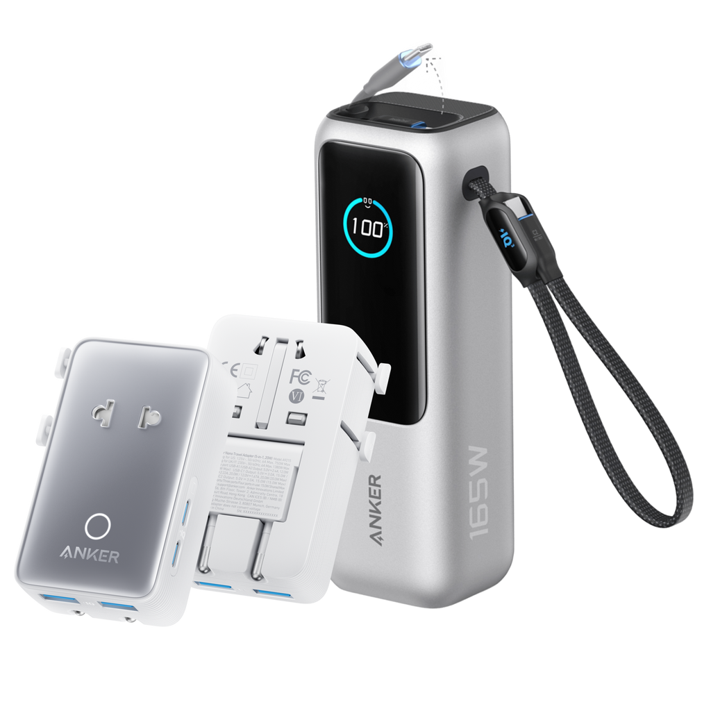 Bundle kit: Anker Laptop Power Bank (25K, 165W, Built-In and Retractable Cables) and Anker Nano Travel Adapter (5-in-1, 20W, 1-Pack)