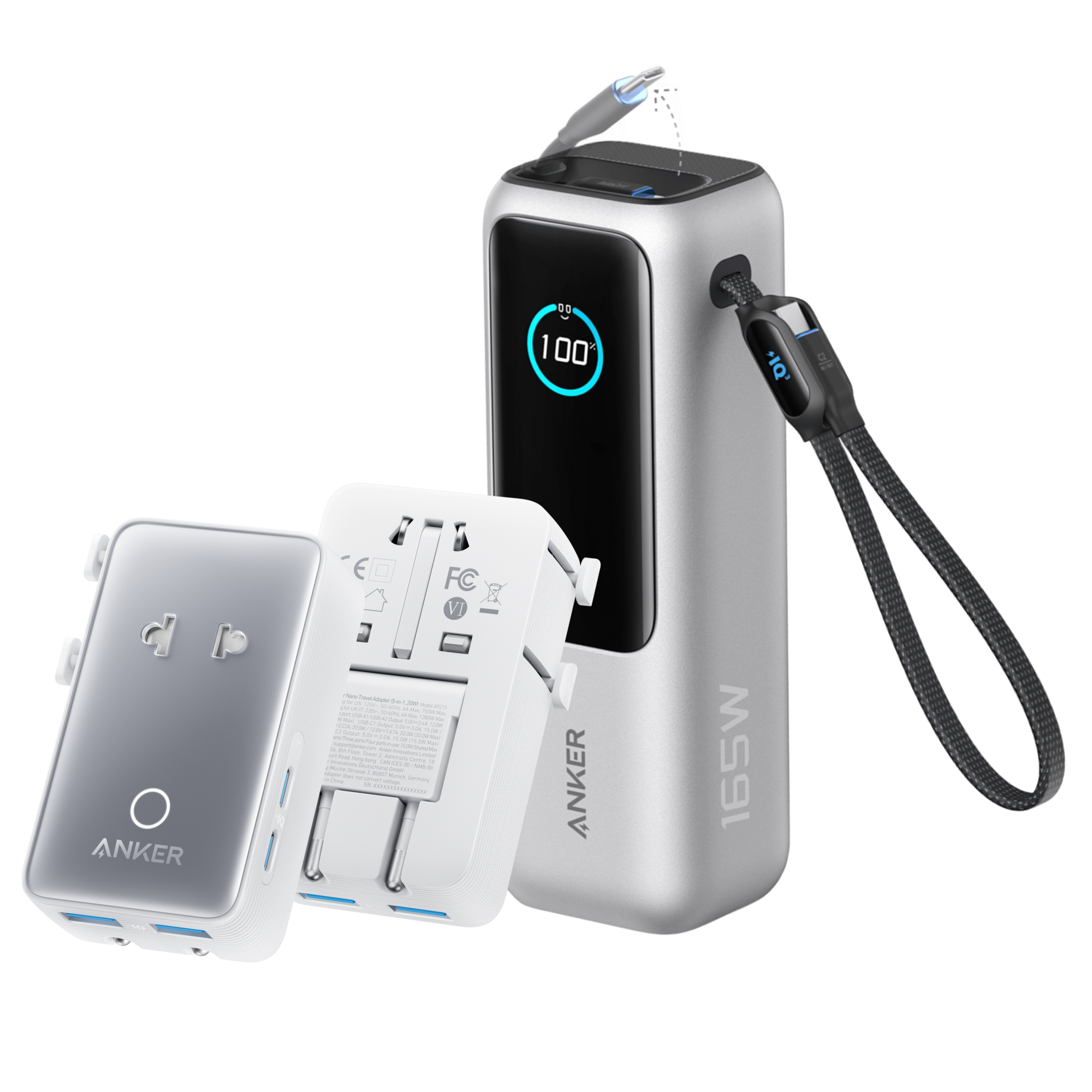 Bundle kit: Anker Laptop Power Bank (25K, 165W, Built-In and Retractable Cables) and Anker Nano Travel Adapter (5-in-1, 20W, 1-Pack)