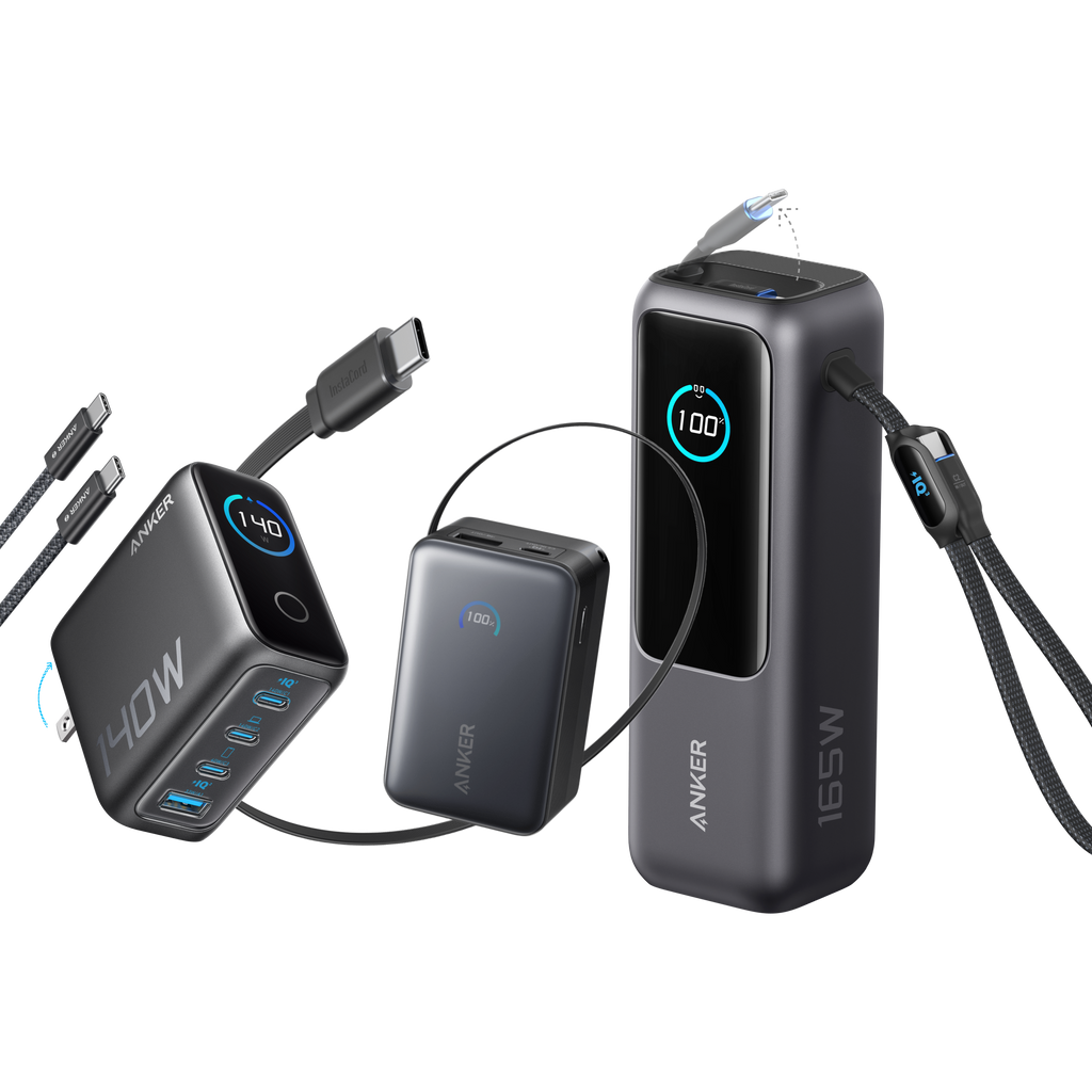 Bundle kit: Anker Laptop Power Bank (25K, 165W, Built-In and Retractable Cables) and Anker Laptop Charger (140W, 4-Port, PD 3.1) with USB-C Cable and Anker Nano Power Bank (10K, 45W, Built-In Retractable USB-C Cable)