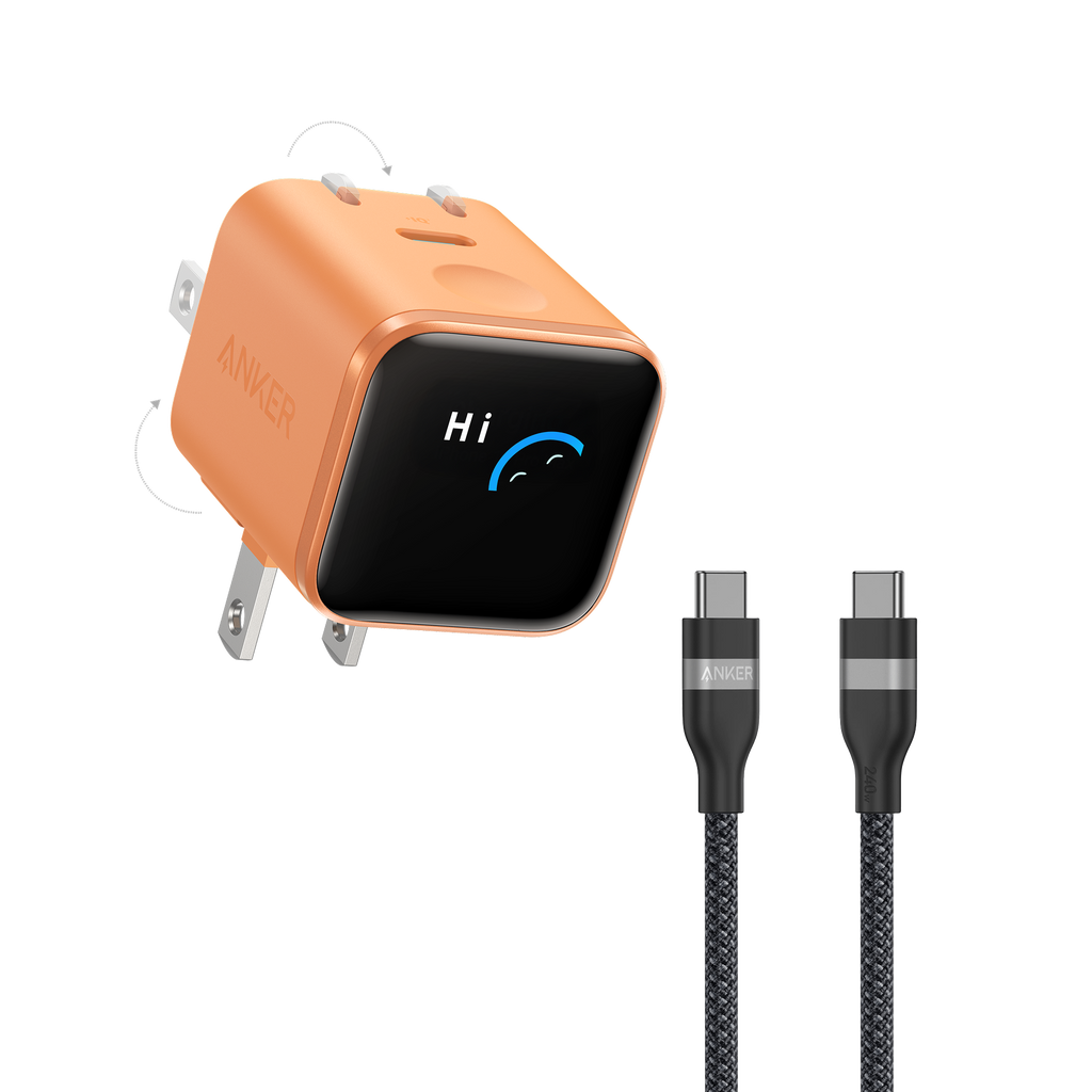 Anker Nano Charger (45W, Smart Display, 180° Foldable) and USB-C to USB-C Cable