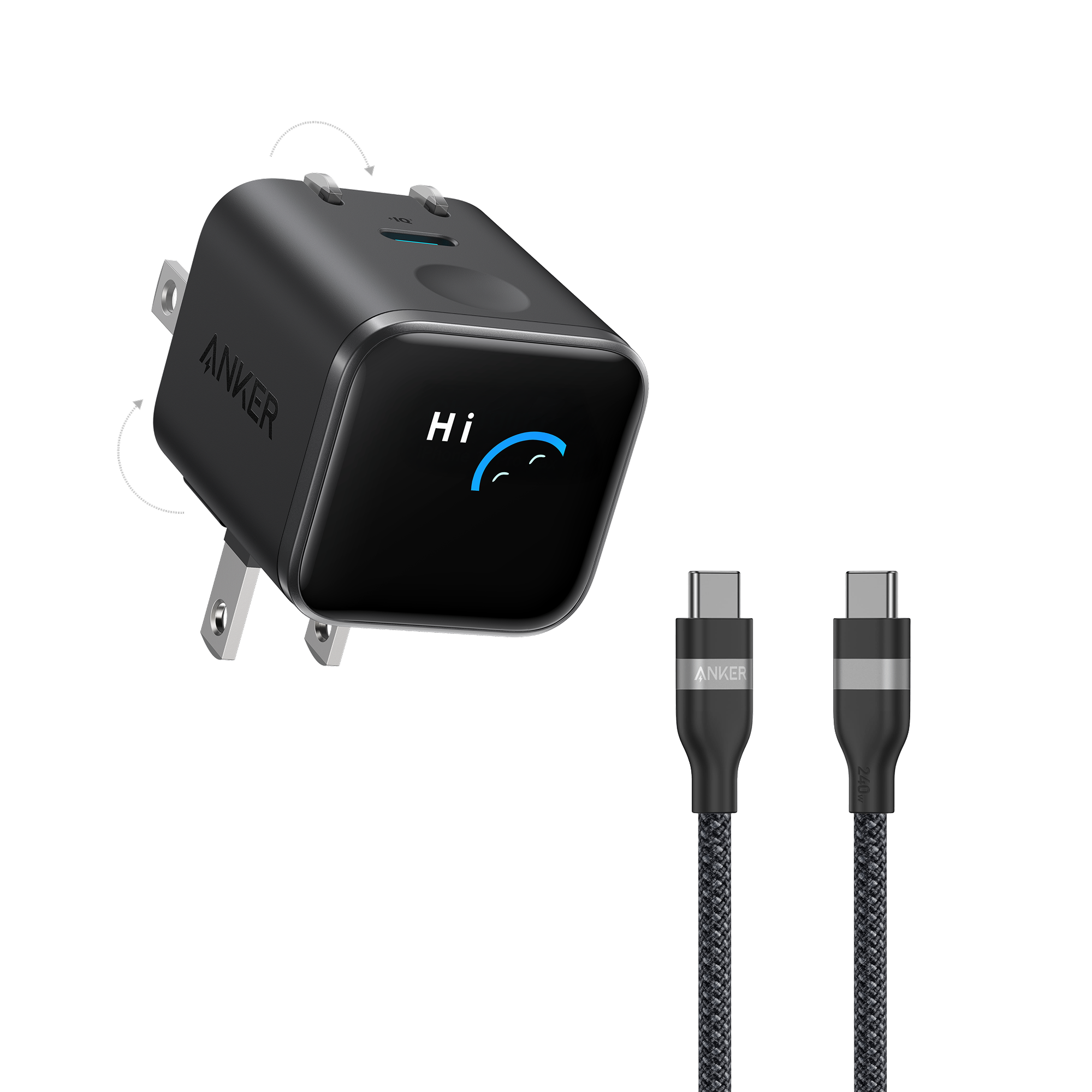 Anker Nano Charger (45W, Smart Display, 180° Foldable) and USB-C to USB-C Cable