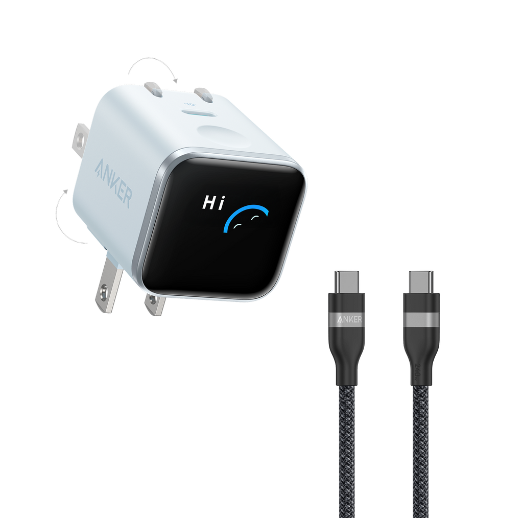 Anker Nano Charger (45W, Smart Display, 180° Foldable) and USB-C to USB-C Cable