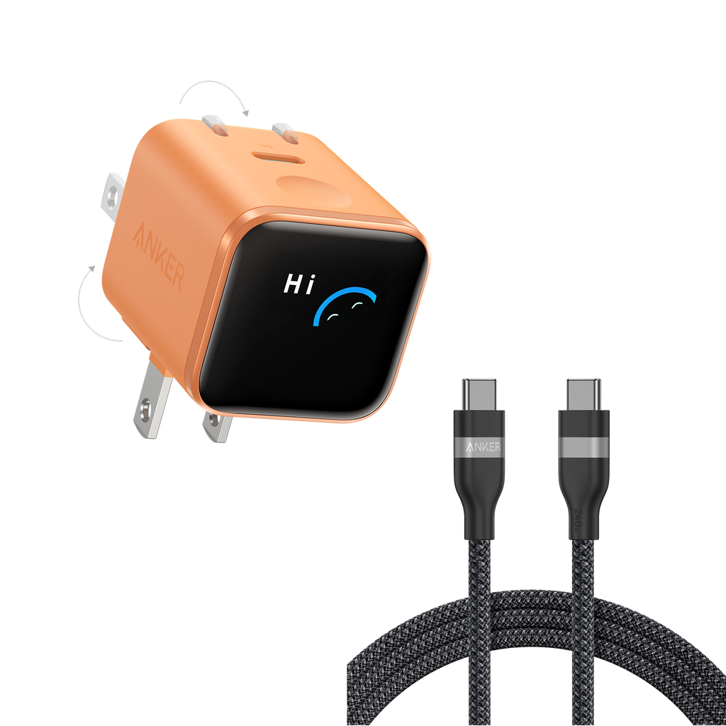 Anker Nano Charger (45W, Smart Display, 180° Foldable) and USB-C to USB-C Cable