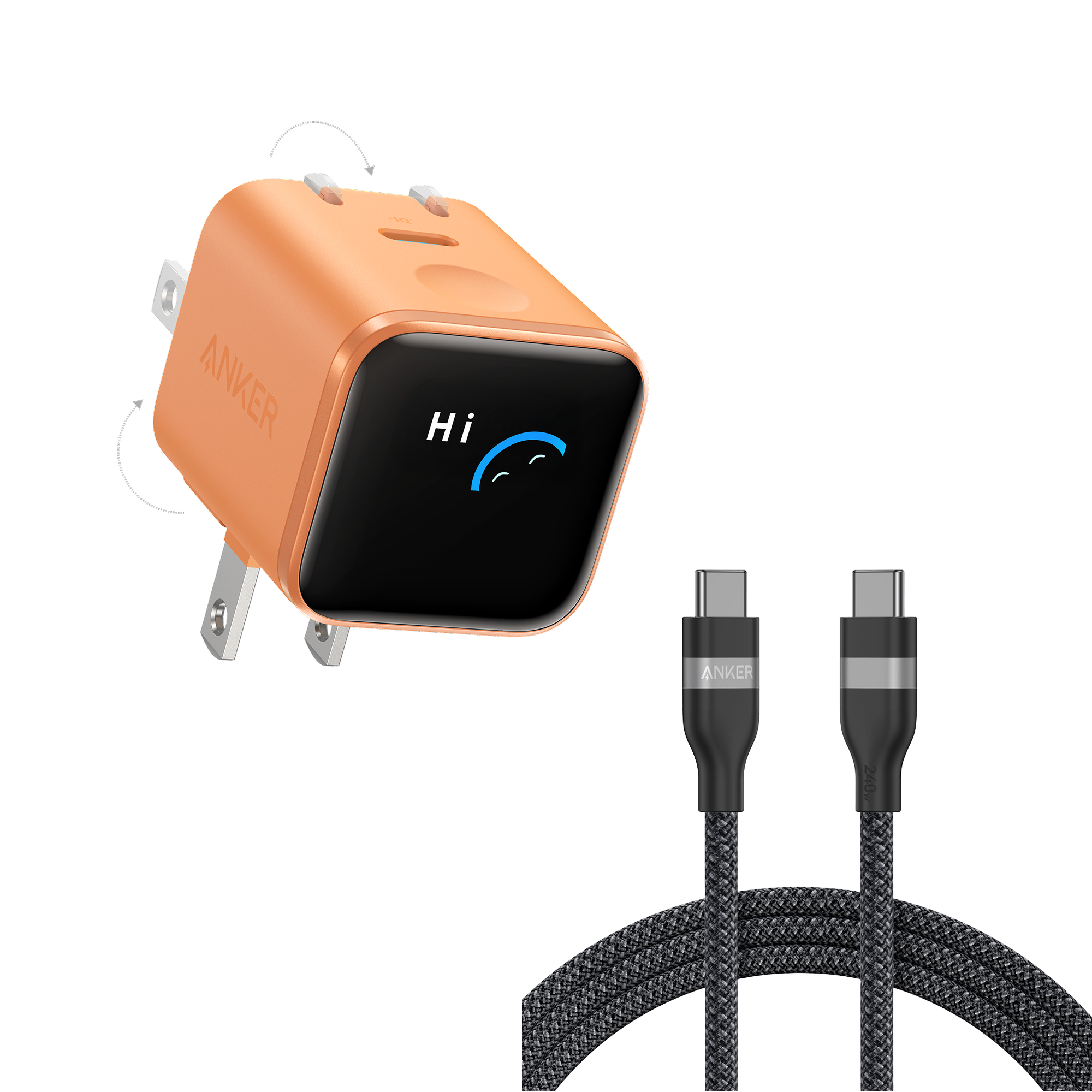 Anker Nano Charger (45W, Smart Display, 180° Foldable) and USB-C to USB-C Cable