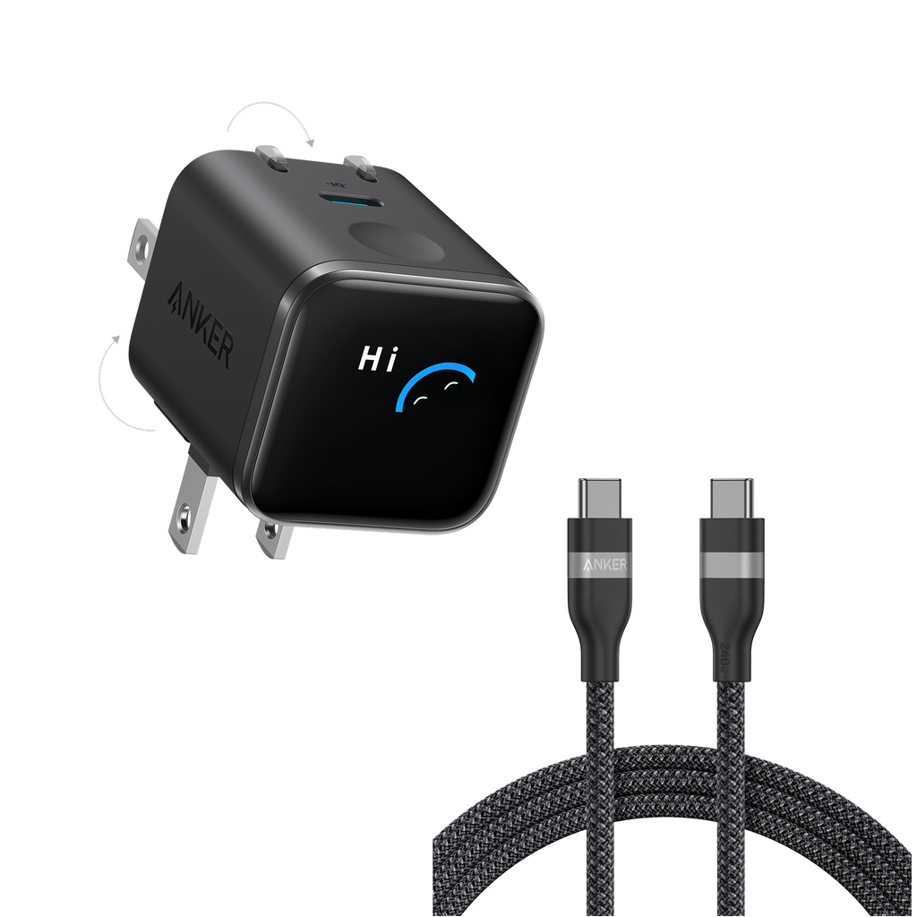 Anker Nano Charger (45W, Smart Display, 180° Foldable) and USB-C to USB-C Cable