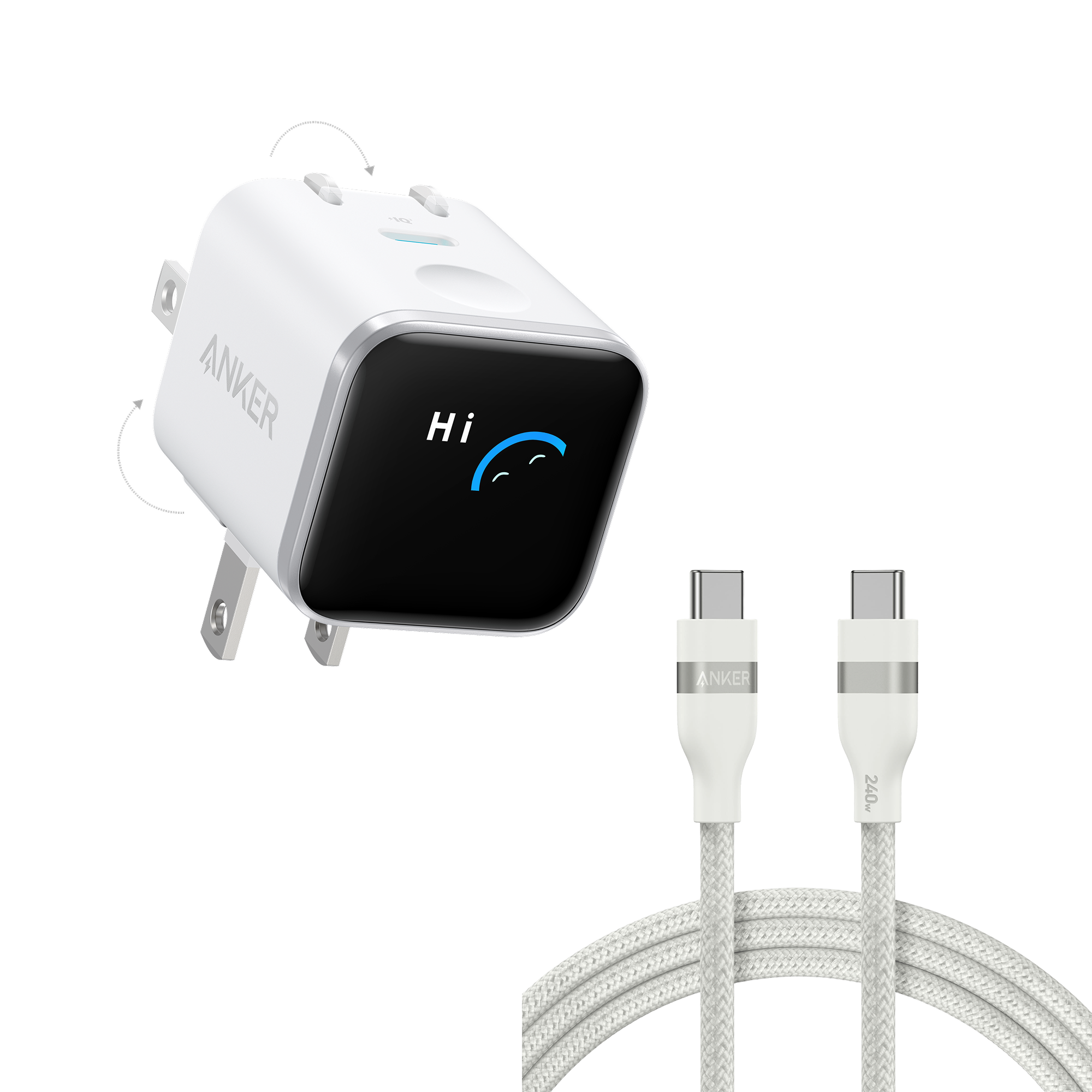 Anker Nano Charger (45W, Smart Display, 180° Foldable) and USB-C to USB-C Cable
