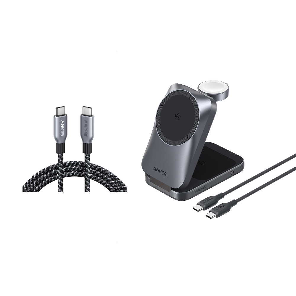 Anker Prime Wireless Charging Station (3-in-1, MagGo, AirCool, Foldable) and Anker Prime USB-C to USB-C Cable (240W, Upcycled-Braided)