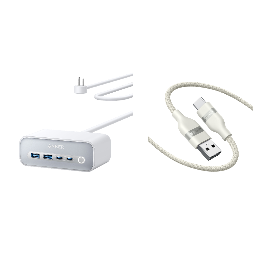 Anker 525 Charging Station and Anker USB-A to USB-C Cable (3 ft/6 ft, Upcycled-Braided)