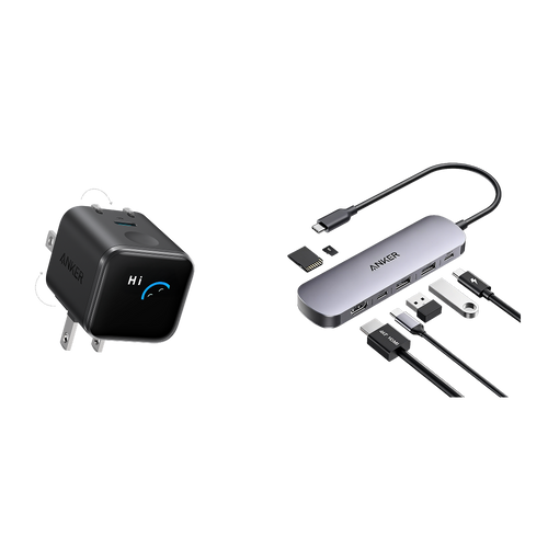 Anker USB-C Hub (7-in-1) and Anker Nano Charger (45W, Smart Display, 180° Foldable)