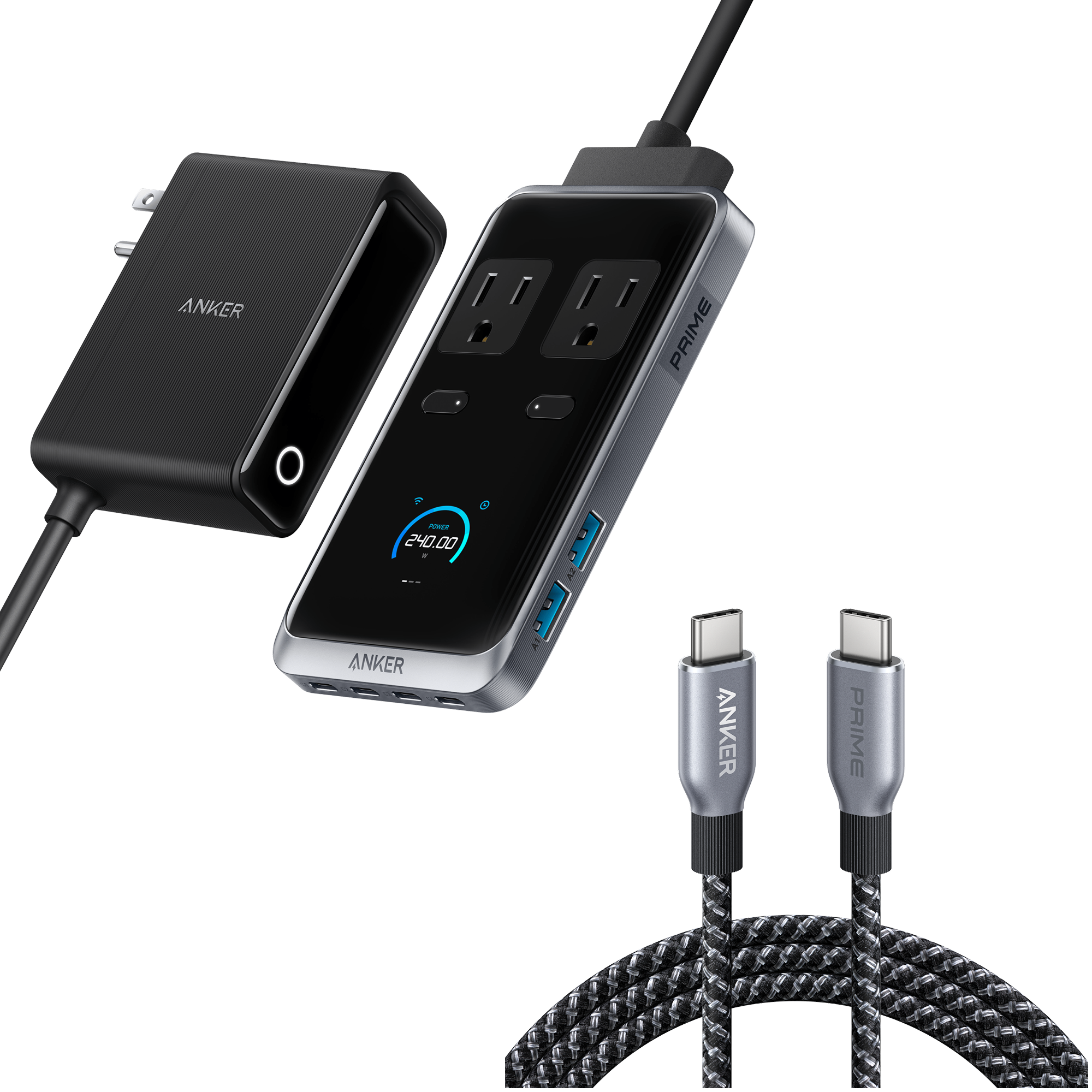 Anker Prime Charging Station (8-in-1, 240W) and Anker Prime USB-C to USB-C Cable (240W, Upcycled-Braided)