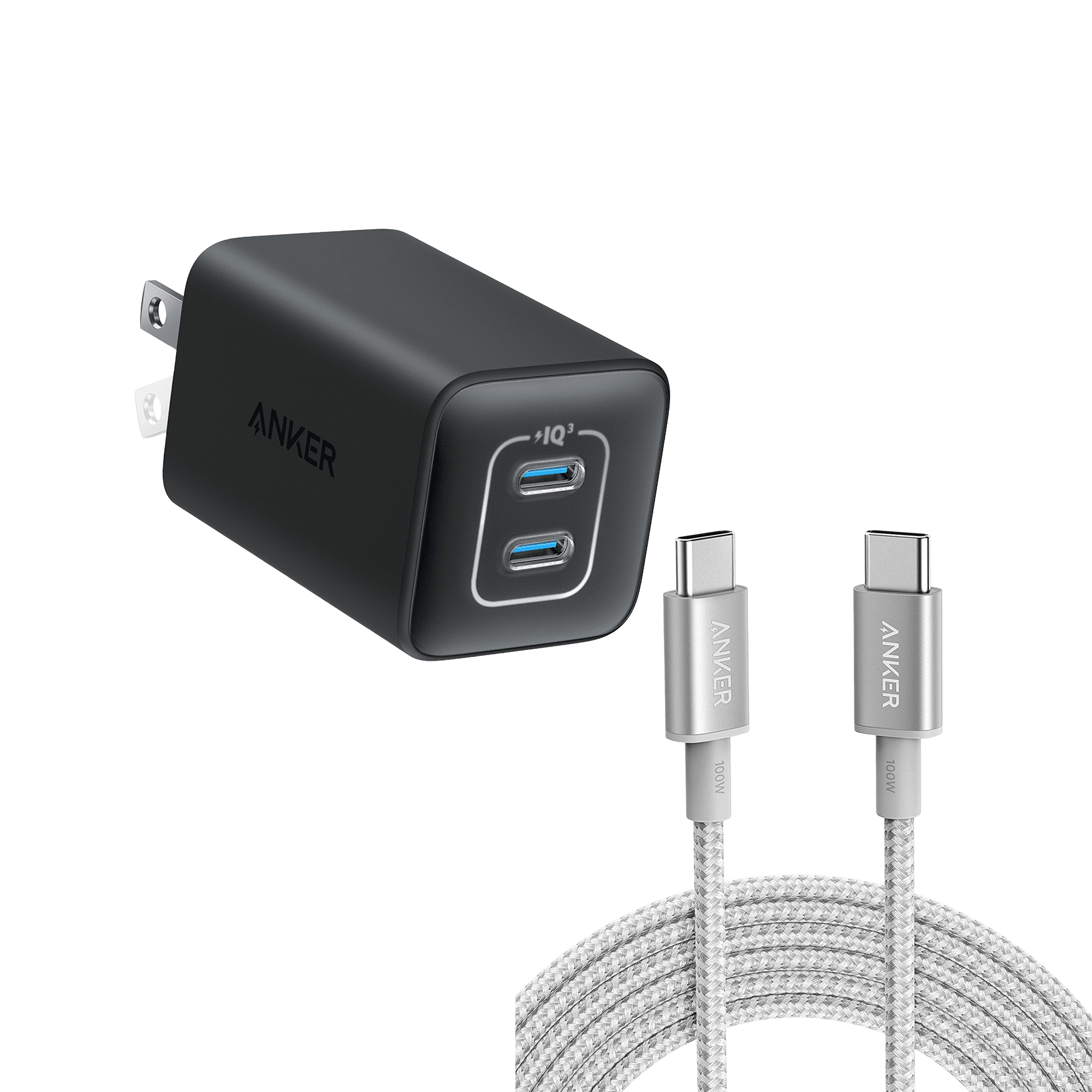 Anker 523 Charger (Nano 3, 47W) and New Nylon USB-C to USB-C 100W Cable (10 ft)