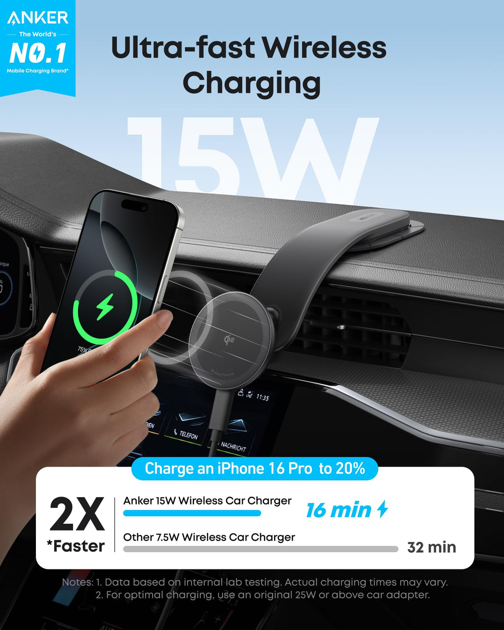Anker Nano Wireless Car Charger (Magnetic, Detachable Pad) and Anker 140W 2-in-1 USB-C to USB-C Cable