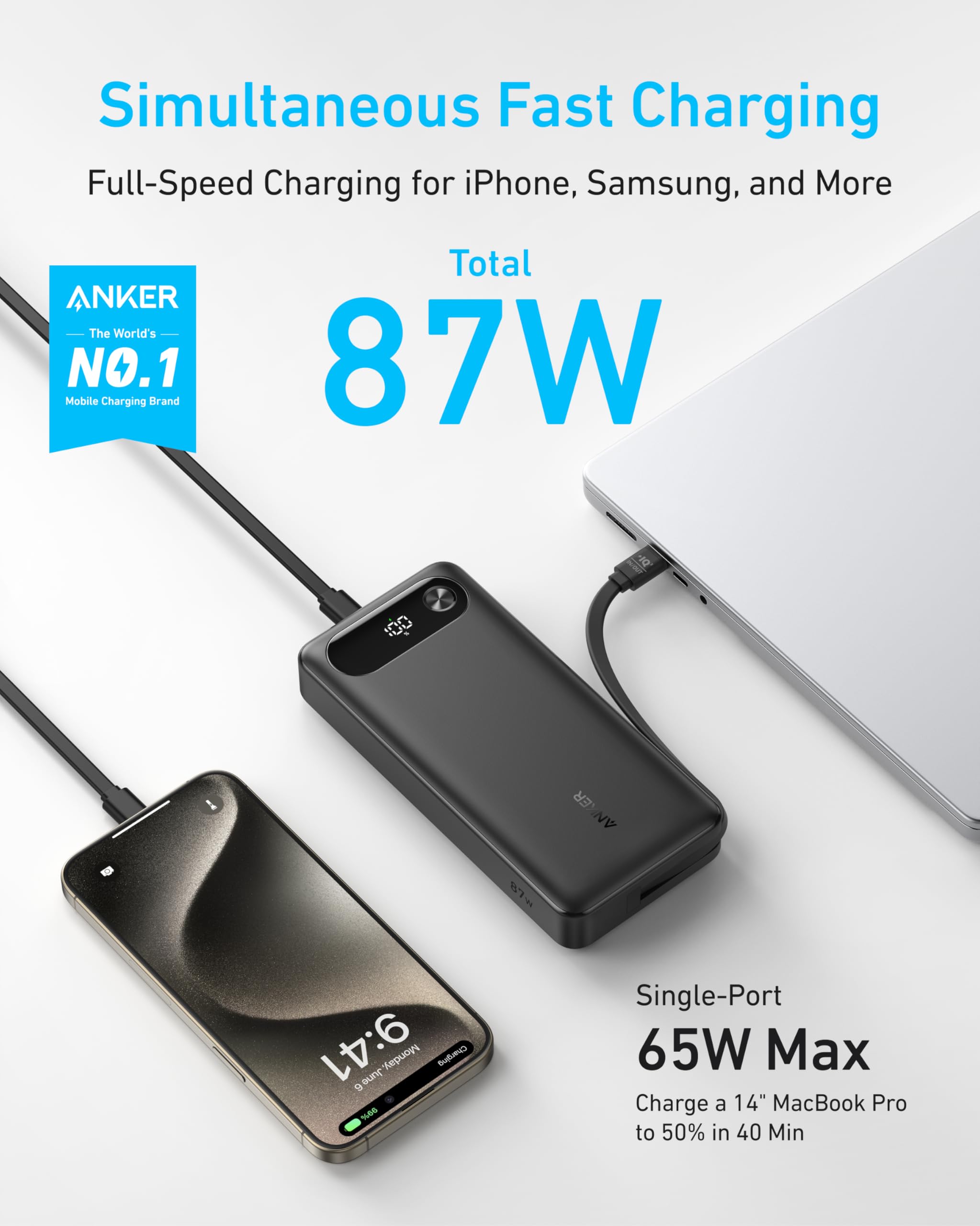 Anker Power Bank (20K, 87W, Built-In USB-C Cable) | Customizable